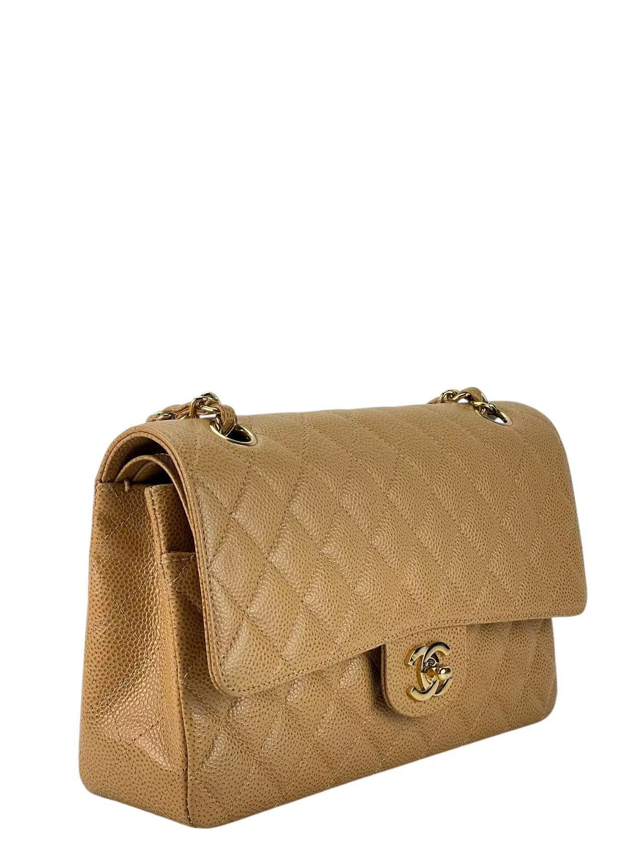 CHANEL - Medium Classic Double Flap Bag Beige Lambskin Sliver Hardware (CF25)