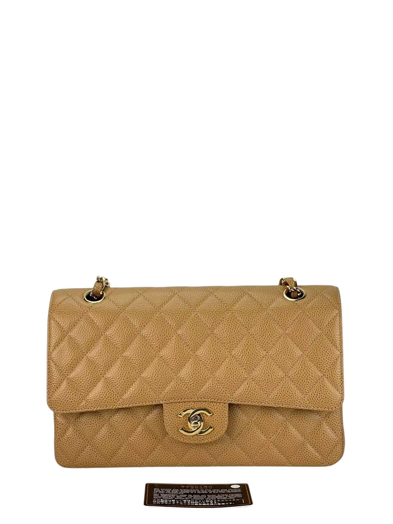 CHANEL - Medium Classic Double Flap Bag Beige Lambskin Sliver Hardware (CF25)