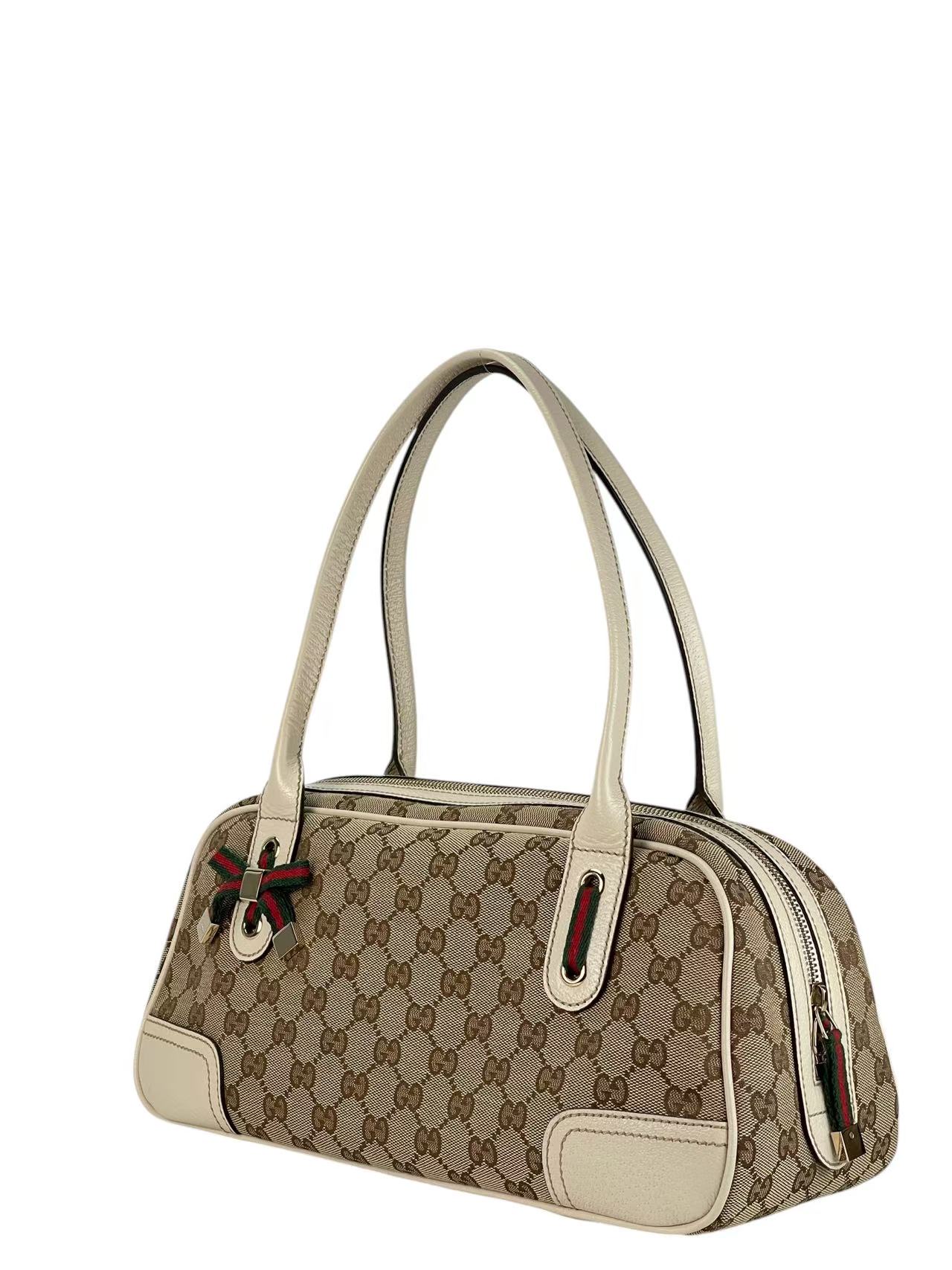 GUCCI - Monogram White Canvas Leather GG Mini Boston Bag