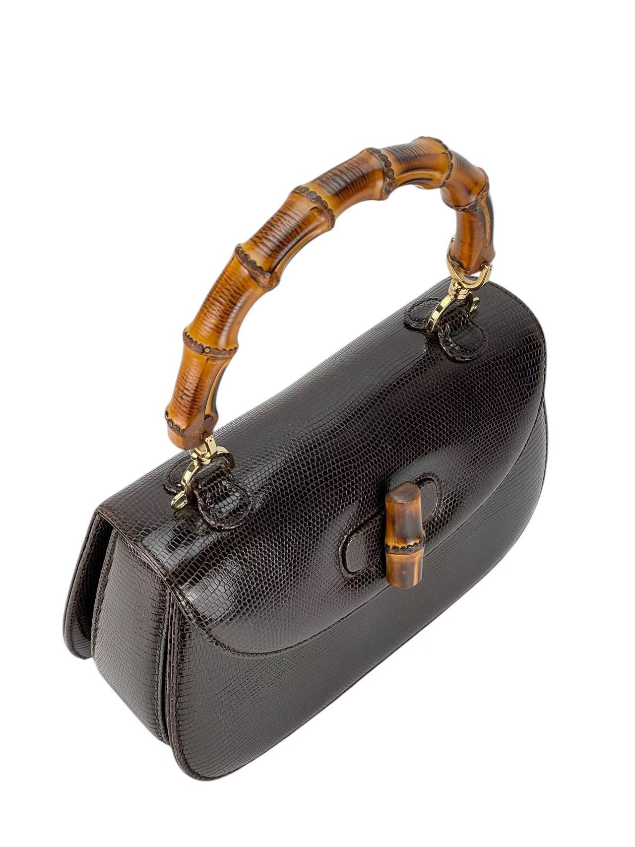 GUCCI - Brown Lizard Leather Bamboo Handbag