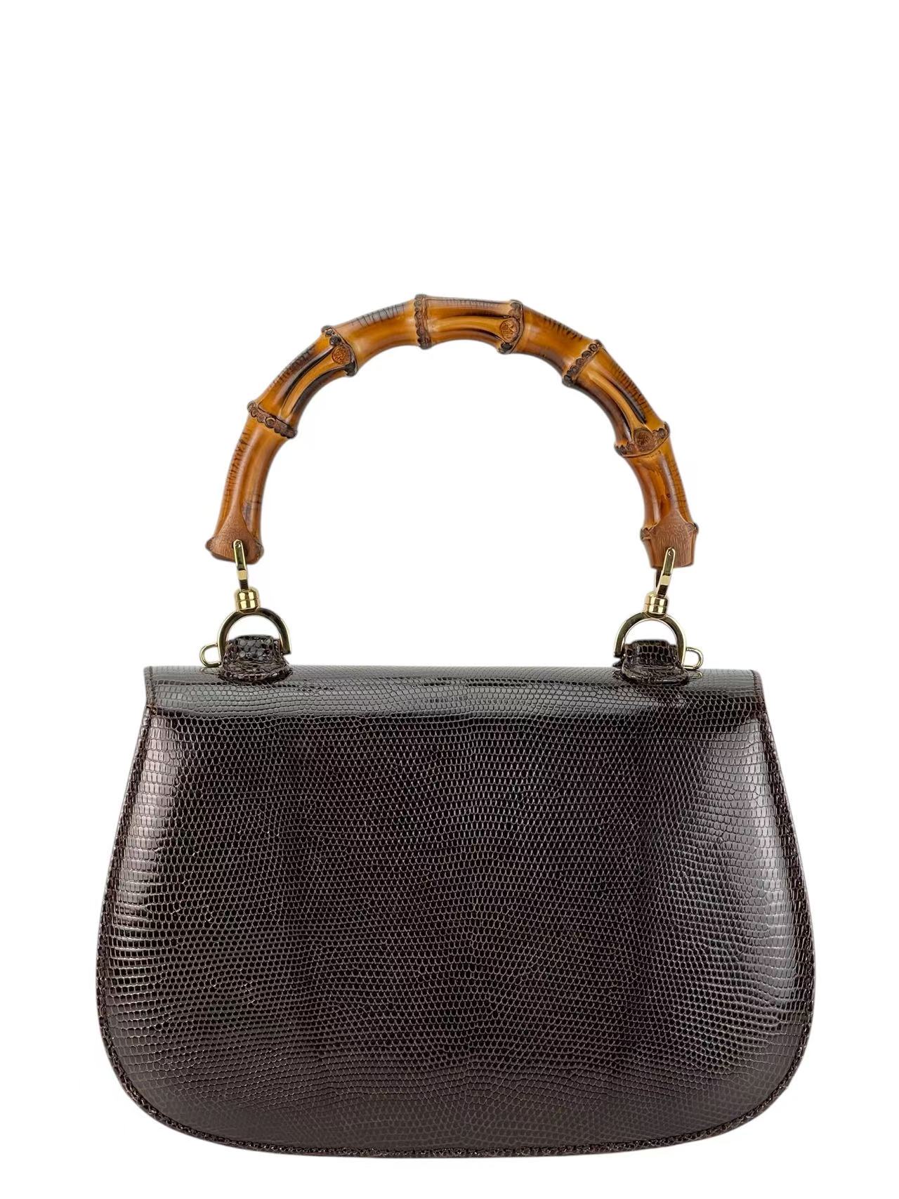 GUCCI - Brown Lizard Leather Bamboo Handbag