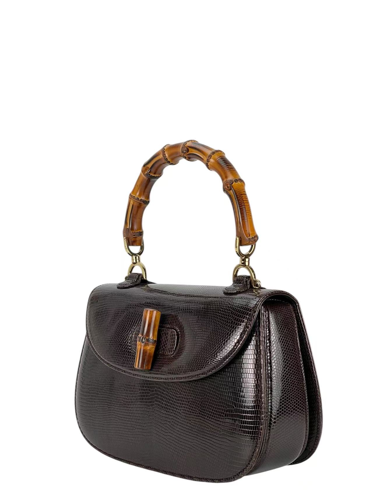 GUCCI - Brown Lizard Leather Bamboo Handbag