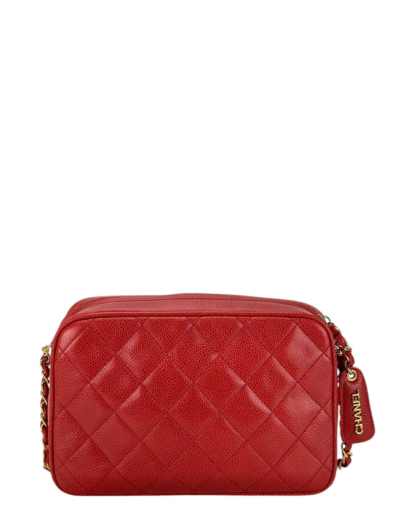 CHANEL - Red Caviar Matelasse Chain Shoulder Bag Gold Hardware 