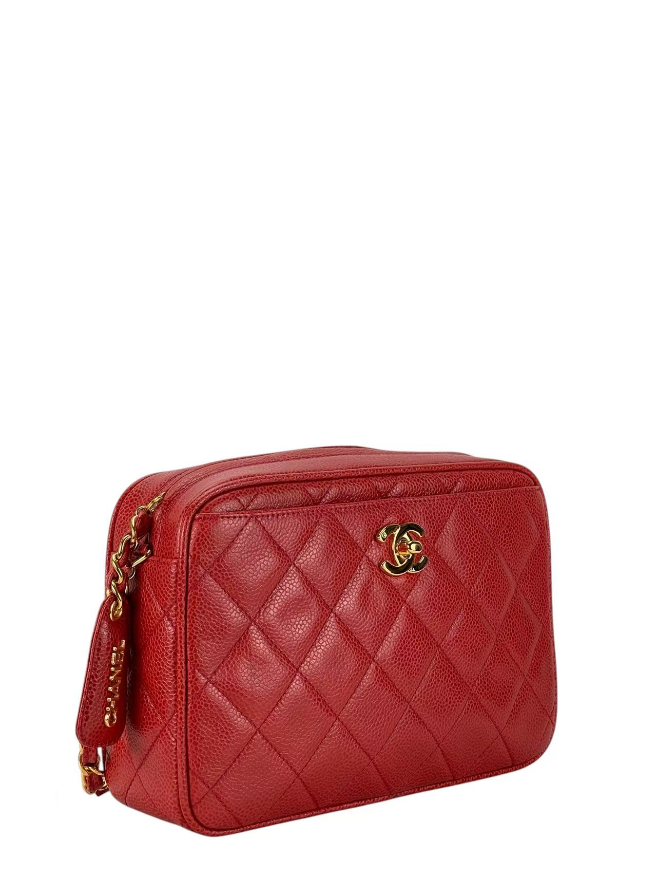 CHANEL - Red Caviar Matelasse Chain Shoulder Bag Gold Hardware 