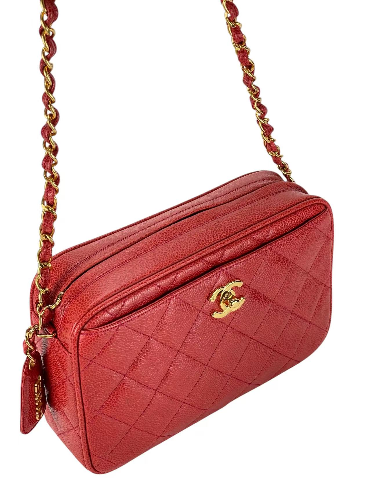 CHANEL - Red Caviar Matelasse Chain Shoulder Bag Gold Hardware 