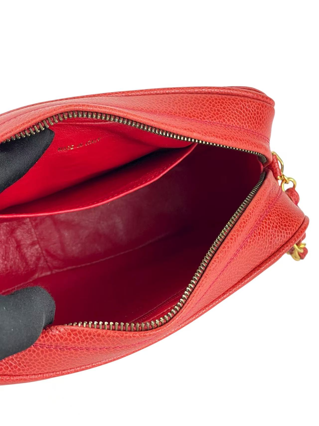 CHANEL - Red Caviar Matelasse Chain Shoulder Bag Gold Hardware 