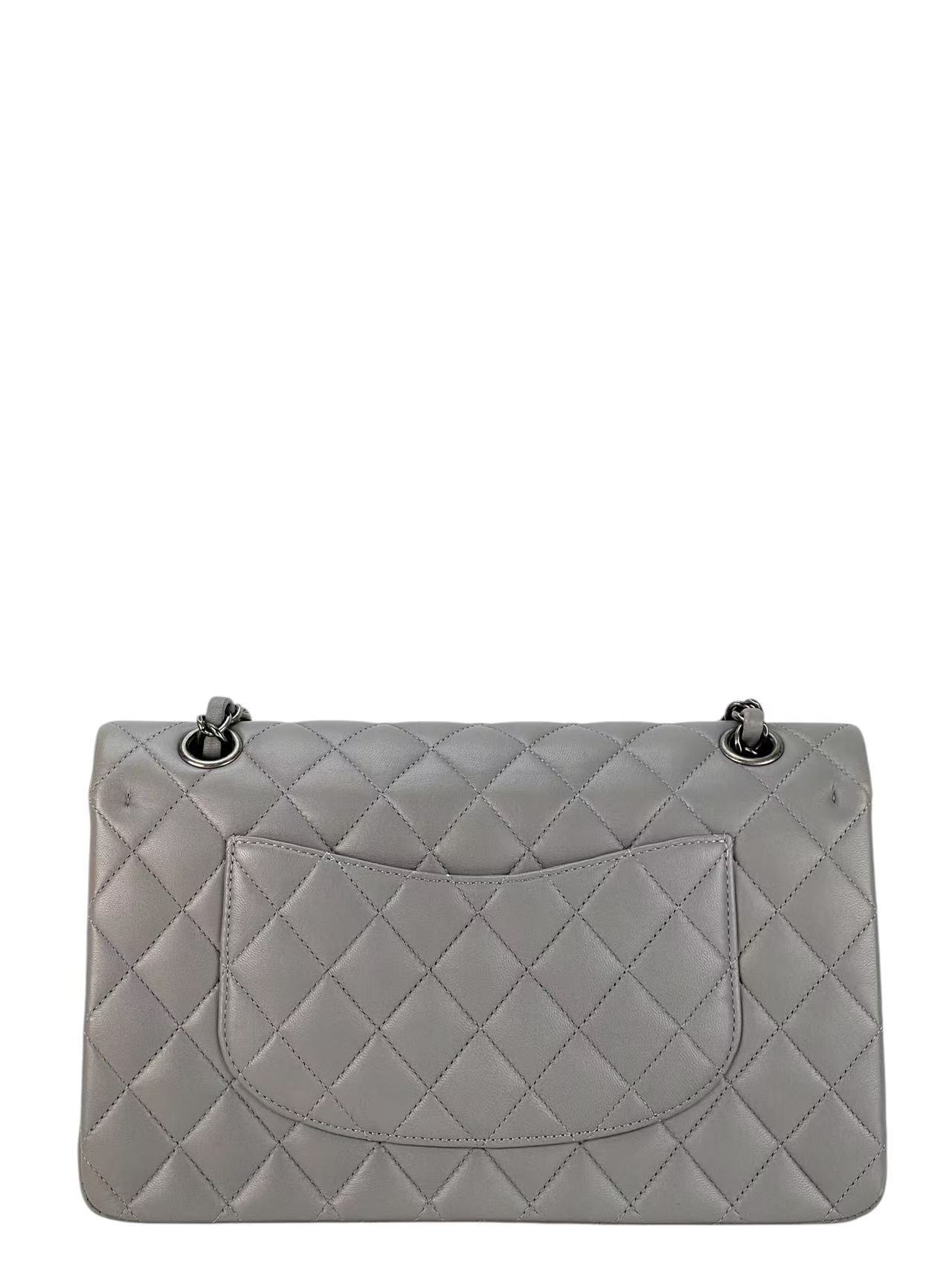CHANEL - Medium Classic Double Flap Bag Gray Lambskin Sliver Hardware (CF25)