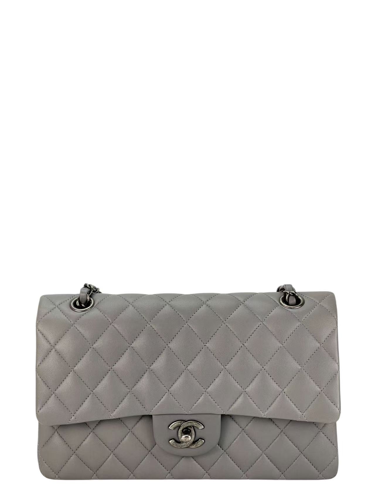 CHANEL - Medium Classic Double Flap Bag Gray Lambskin Sliver Hardware (CF25)