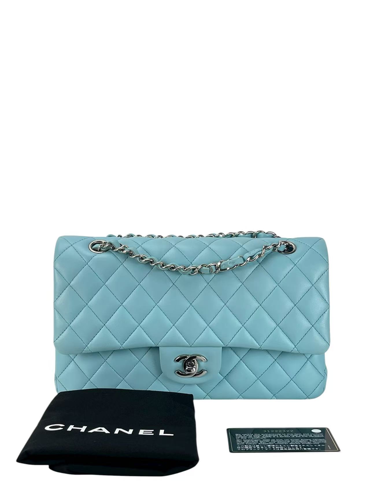 CHANEL - Medium Classic Double Flap Bag Blue Lambskin Gold Hardware (CF25) 