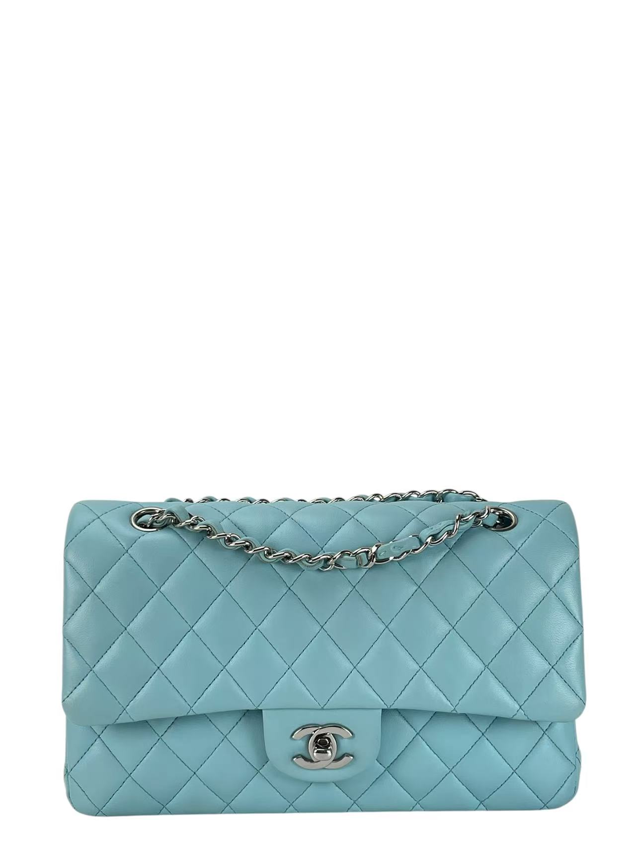 CHANEL - Medium Classic Double Flap Bag Blue Lambskin Gold Hardware (CF25) 