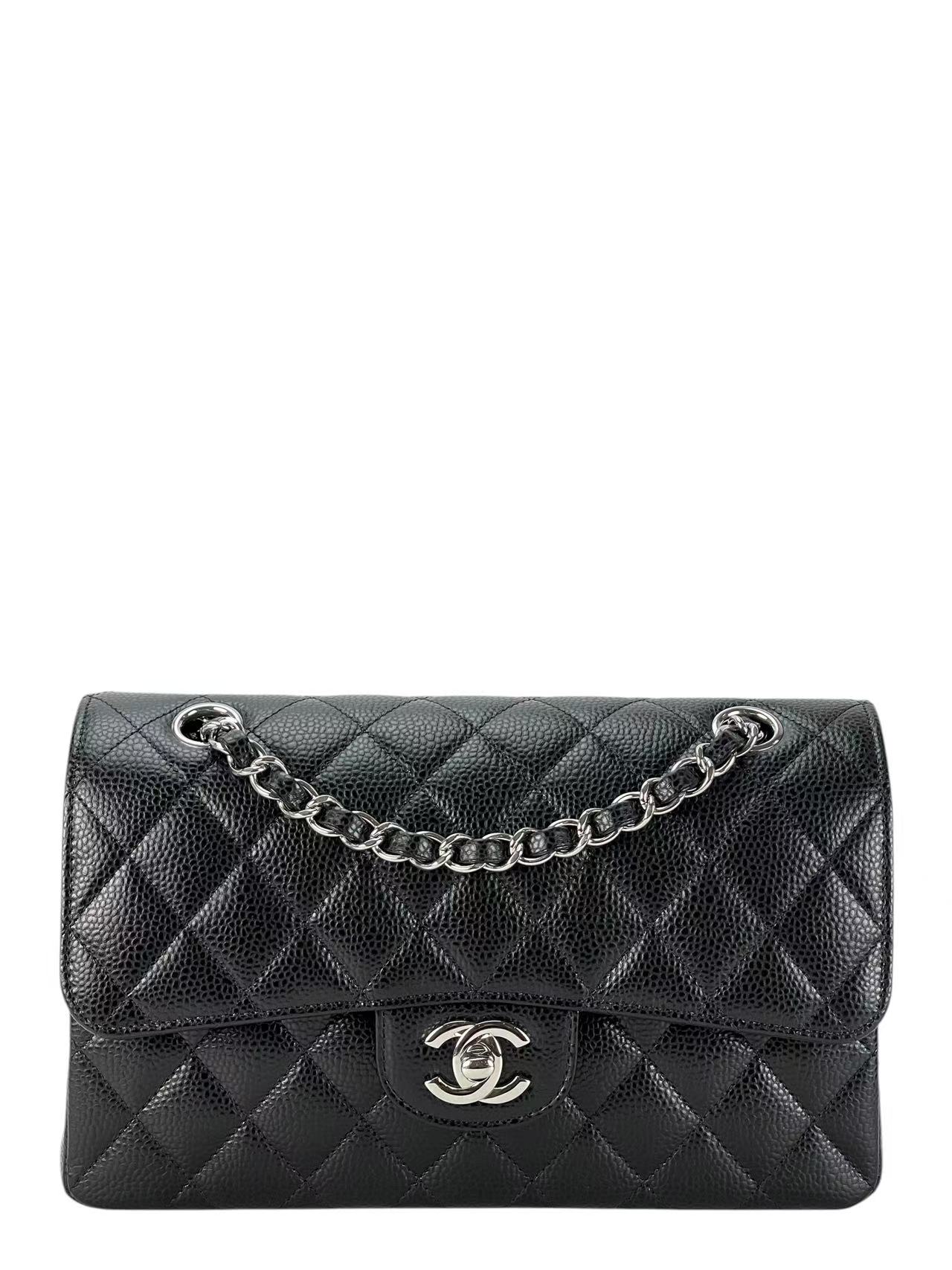 CHANEL - Small Classic Double Flap Bag Black Caviar Sliver Hardware (CF23)