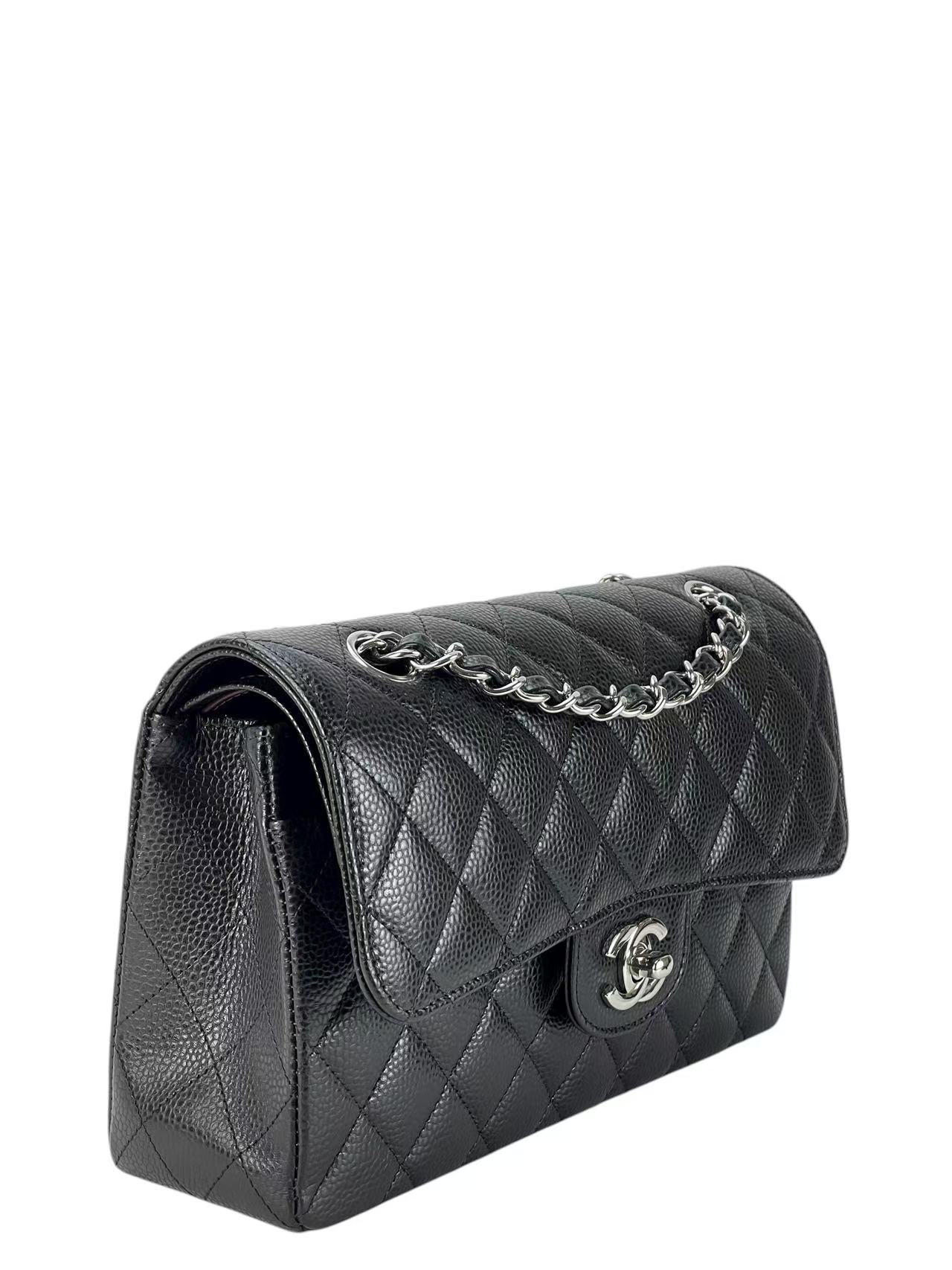 CHANEL - Small Classic Double Flap Bag Black Caviar Sliver Hardware (CF23)
