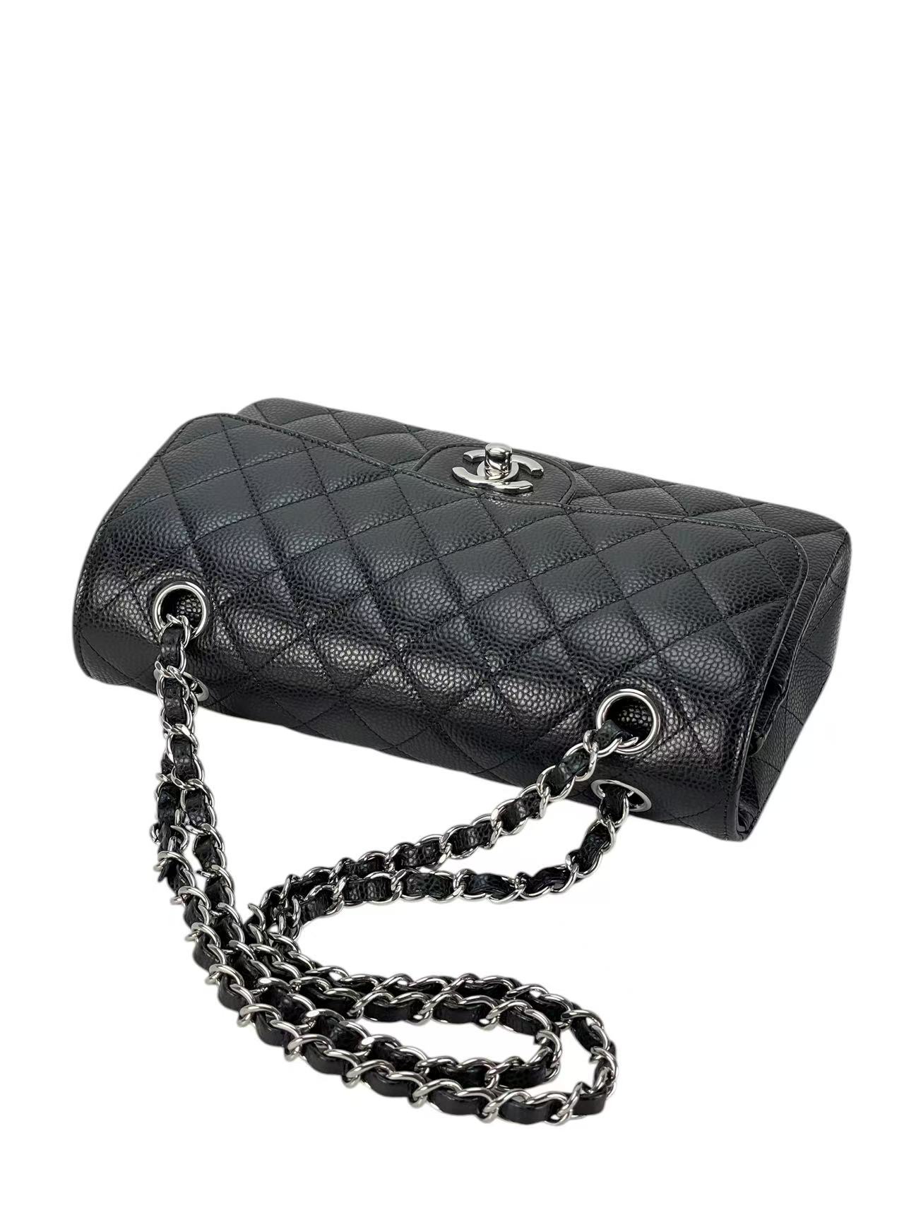 CHANEL - Small Classic Double Flap Bag Black Caviar Sliver Hardware (CF23)