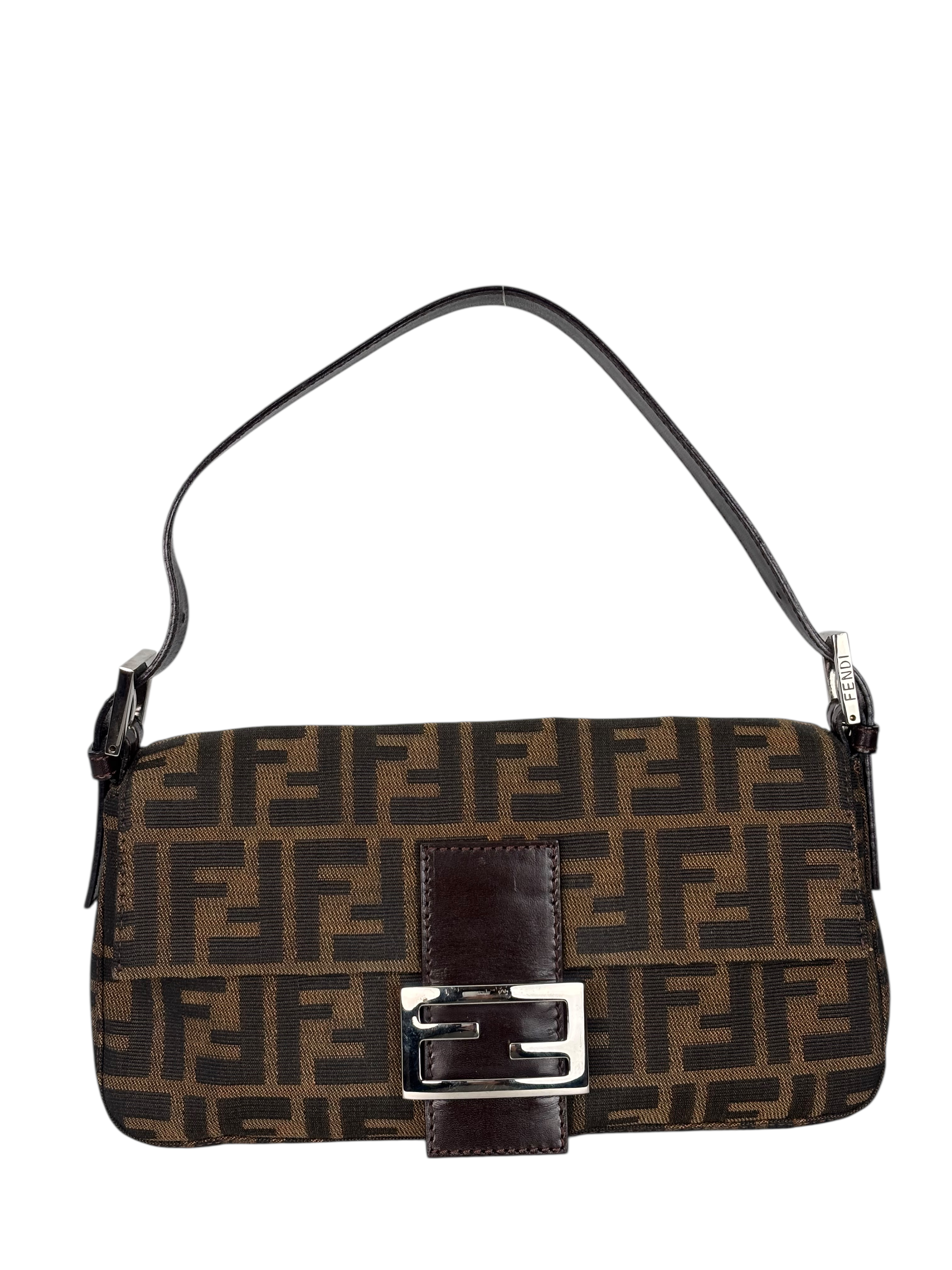 FENDI - Brown Canvas Baguette Handbag Silver Hardware
