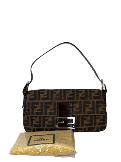 FENDI - Brown Canvas Baguette Handbag Silver Hardware