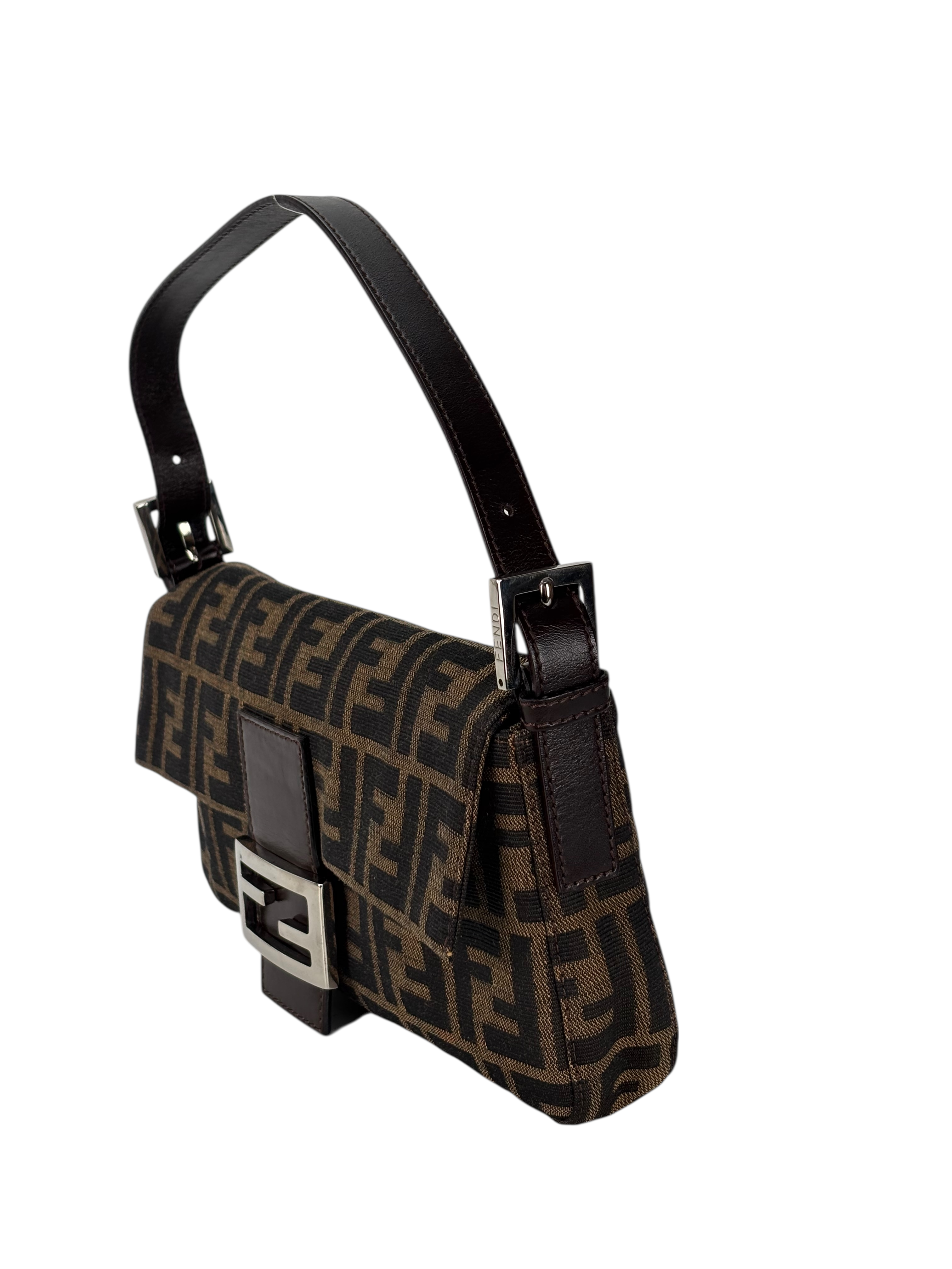 FENDI - Brown Canvas Baguette Handbag Silver Hardware