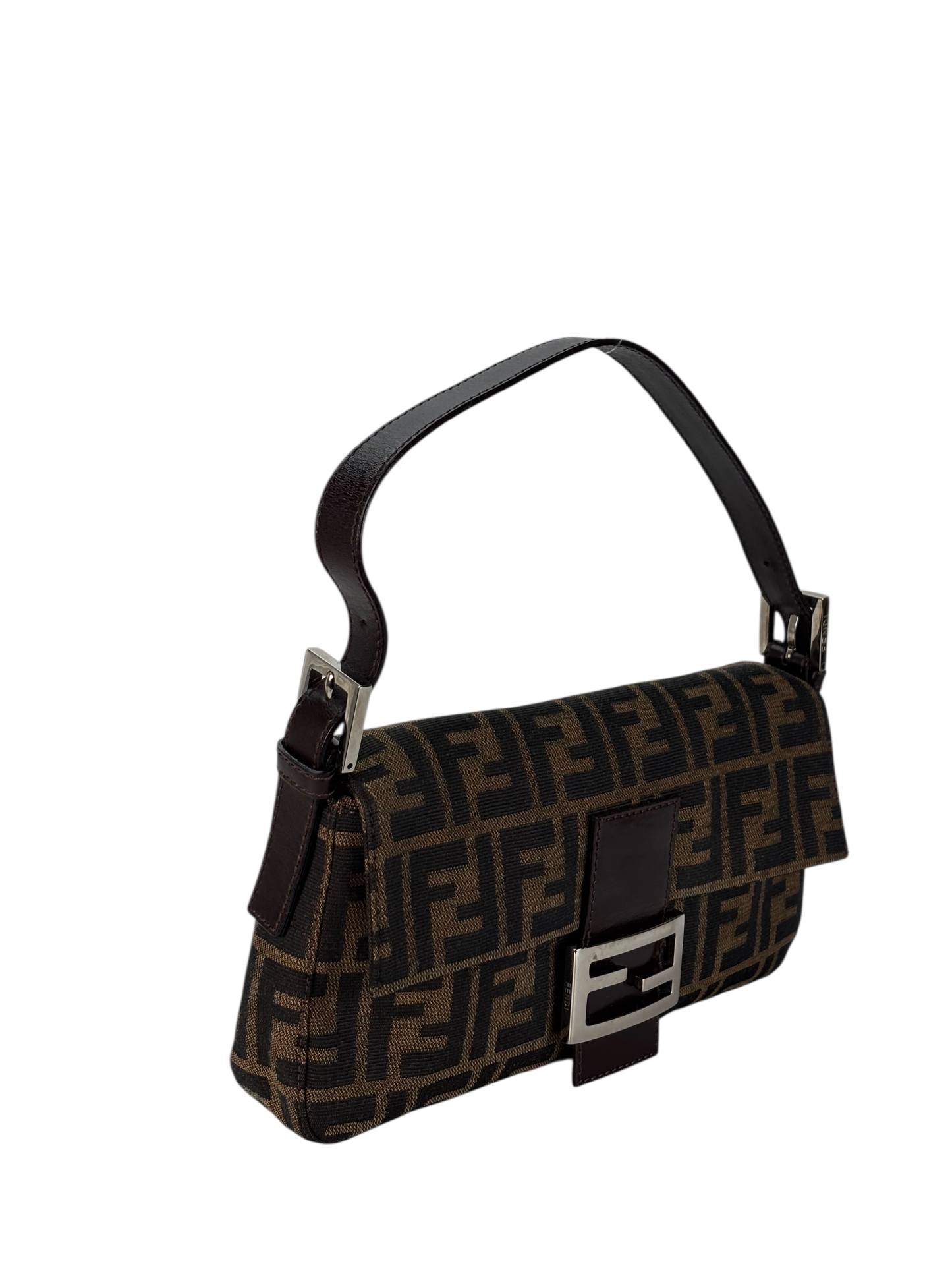 FENDI - Brown Canvas Baguette Handbag Silver Hardware