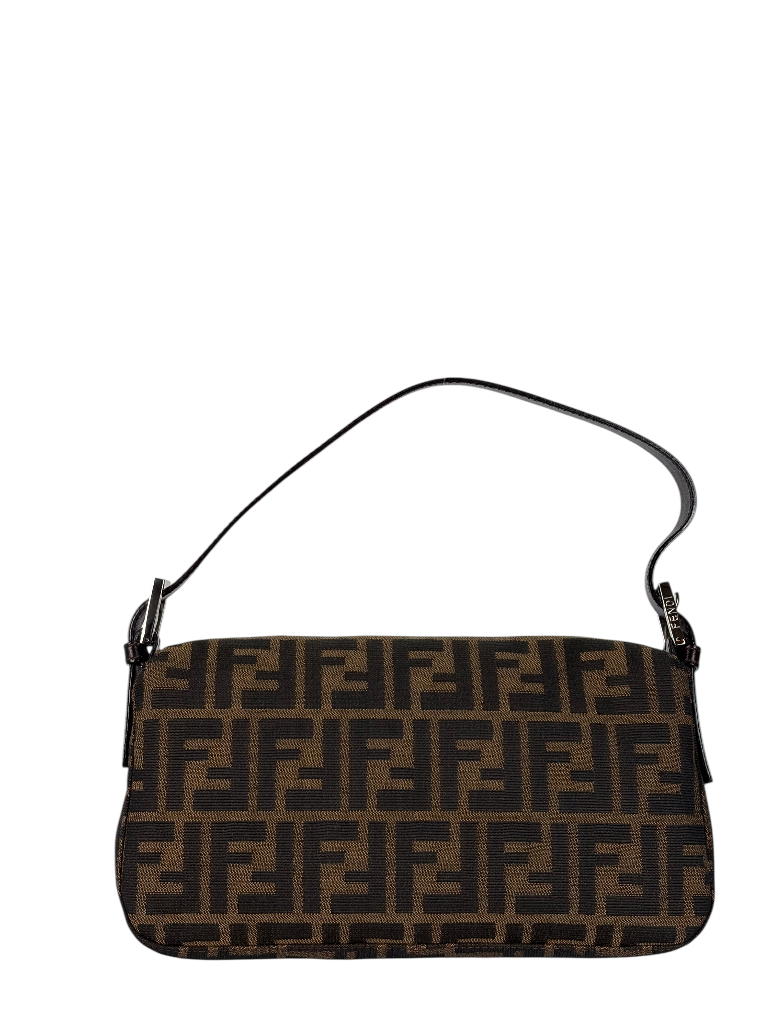 FENDI - Brown Canvas Baguette Handbag Silver Hardware