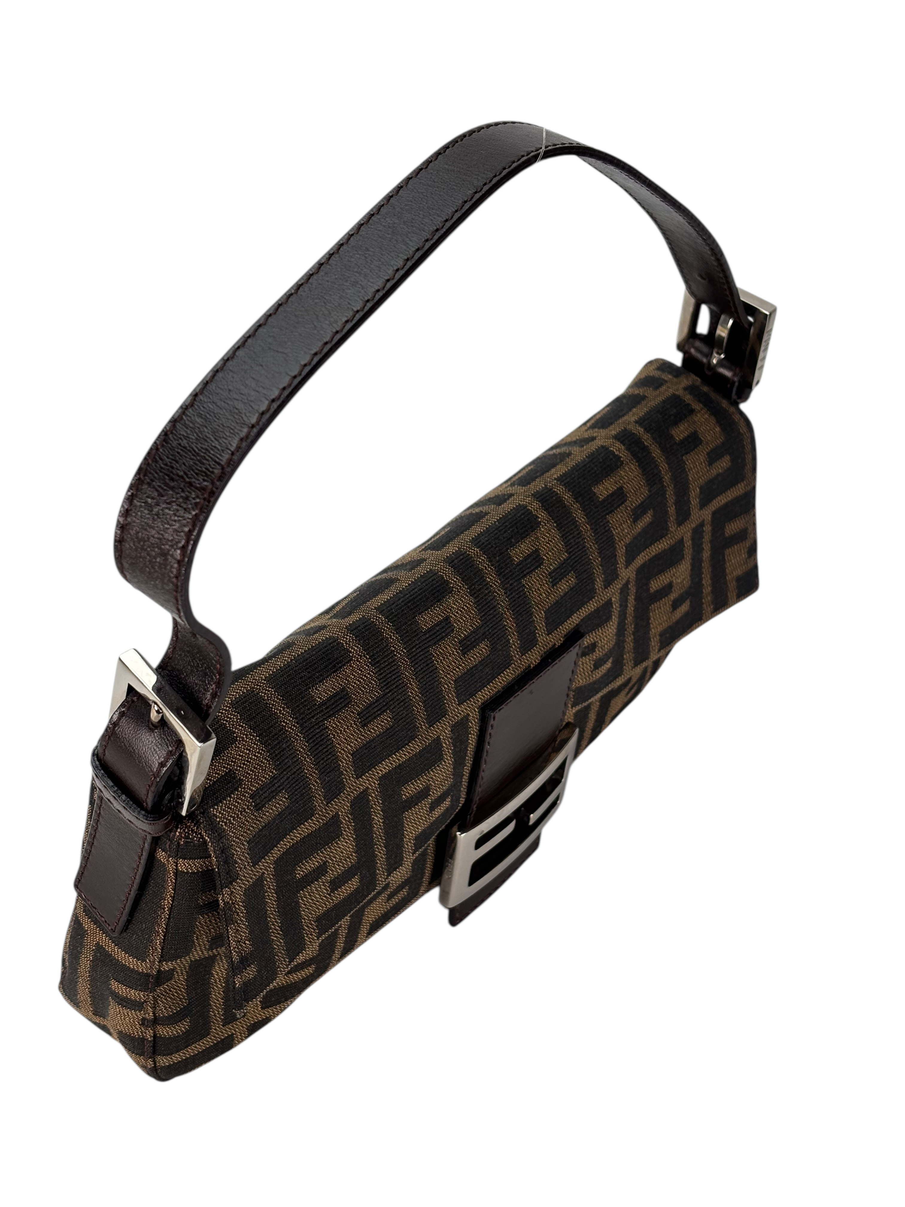 FENDI - Brown Canvas Baguette Handbag Silver Hardware