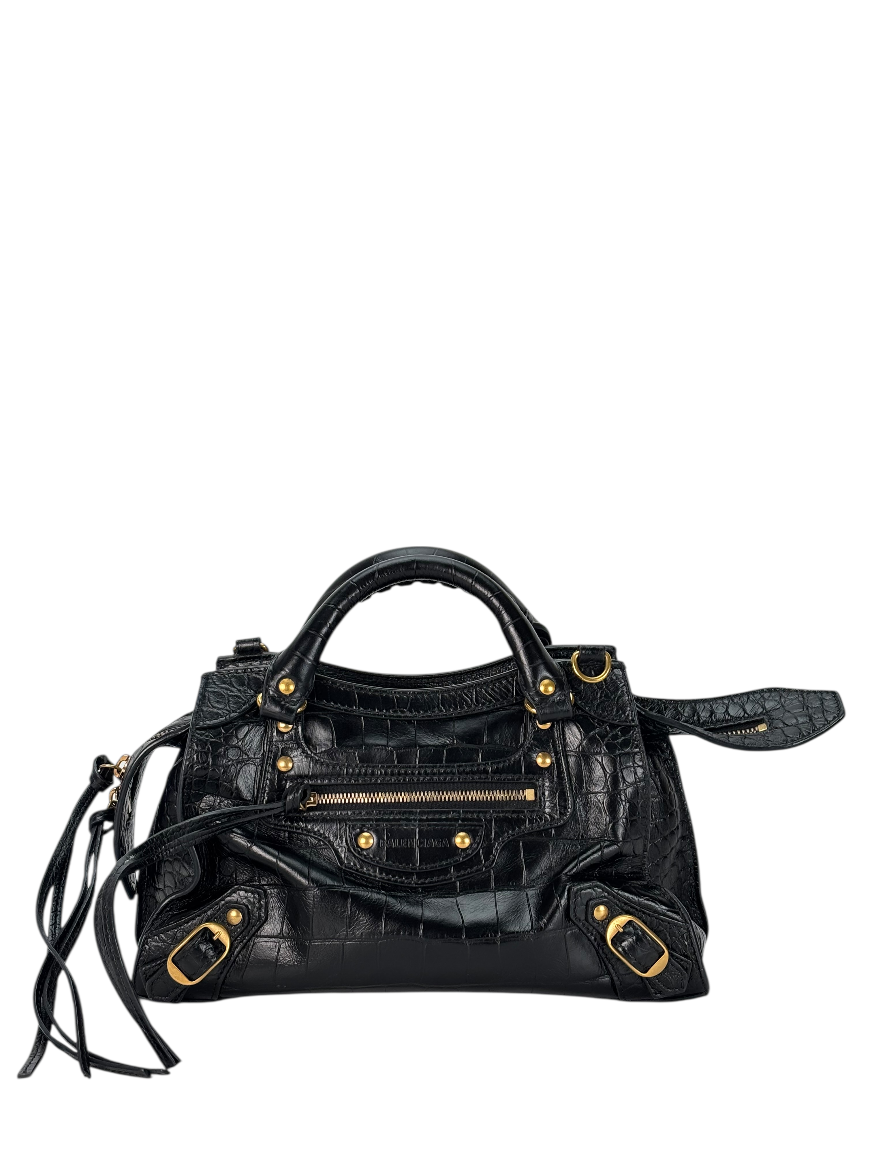 BALENCIAGA - Black Calfskin Embossed Leather Neo Classic Handbag 