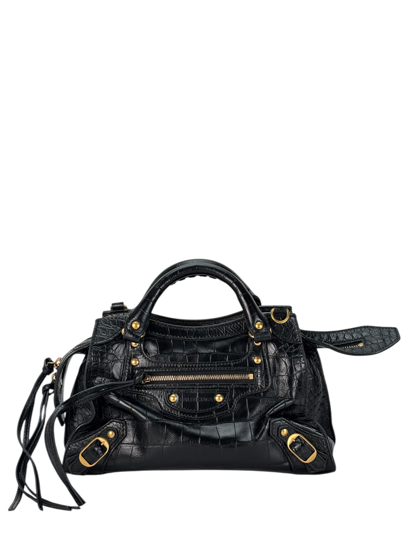 BALENCIAGA - Black Calfskin Embossed Leather Neo Classic Handbag 