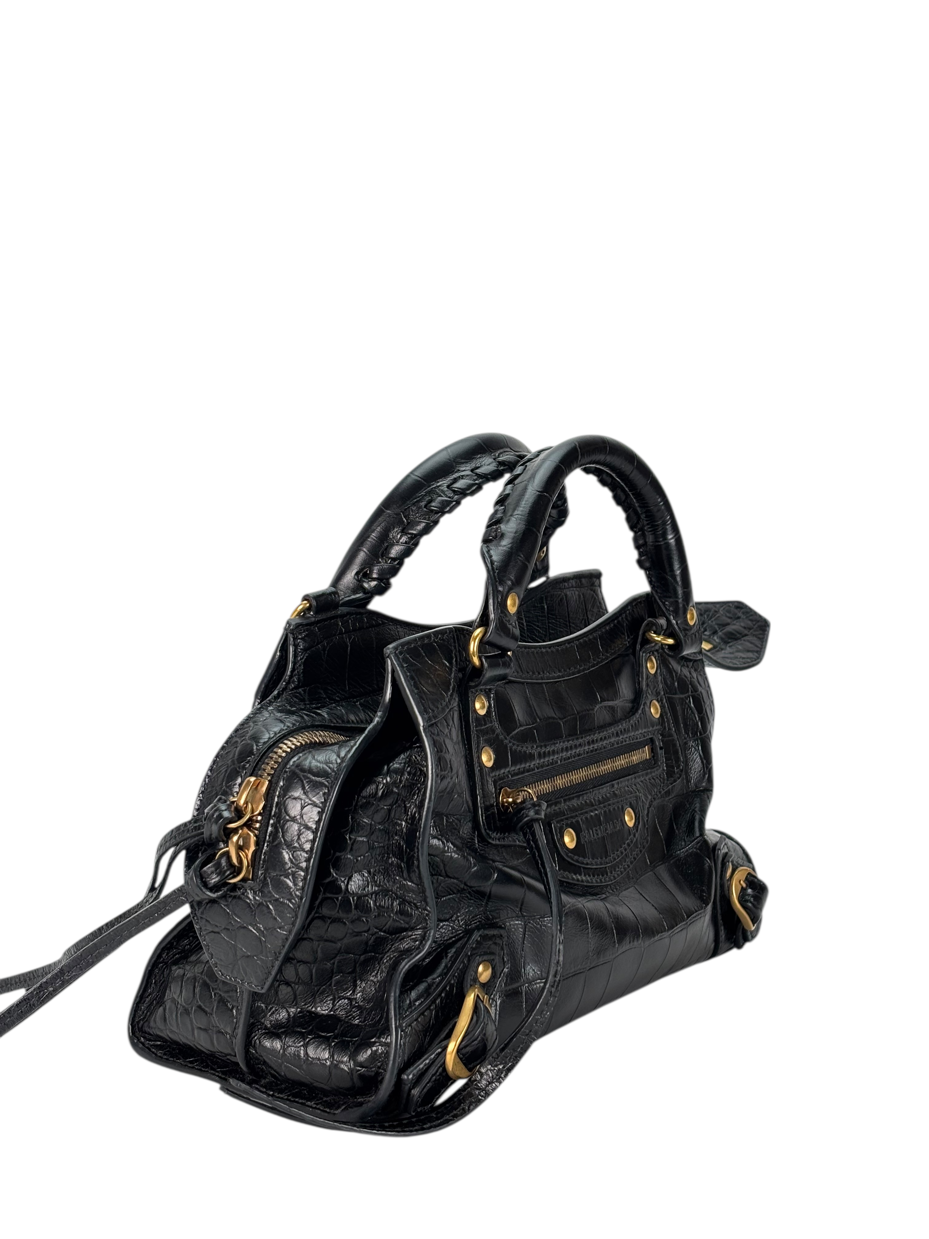 BALENCIAGA - Black Calfskin Embossed Leather Neo Classic Handbag 