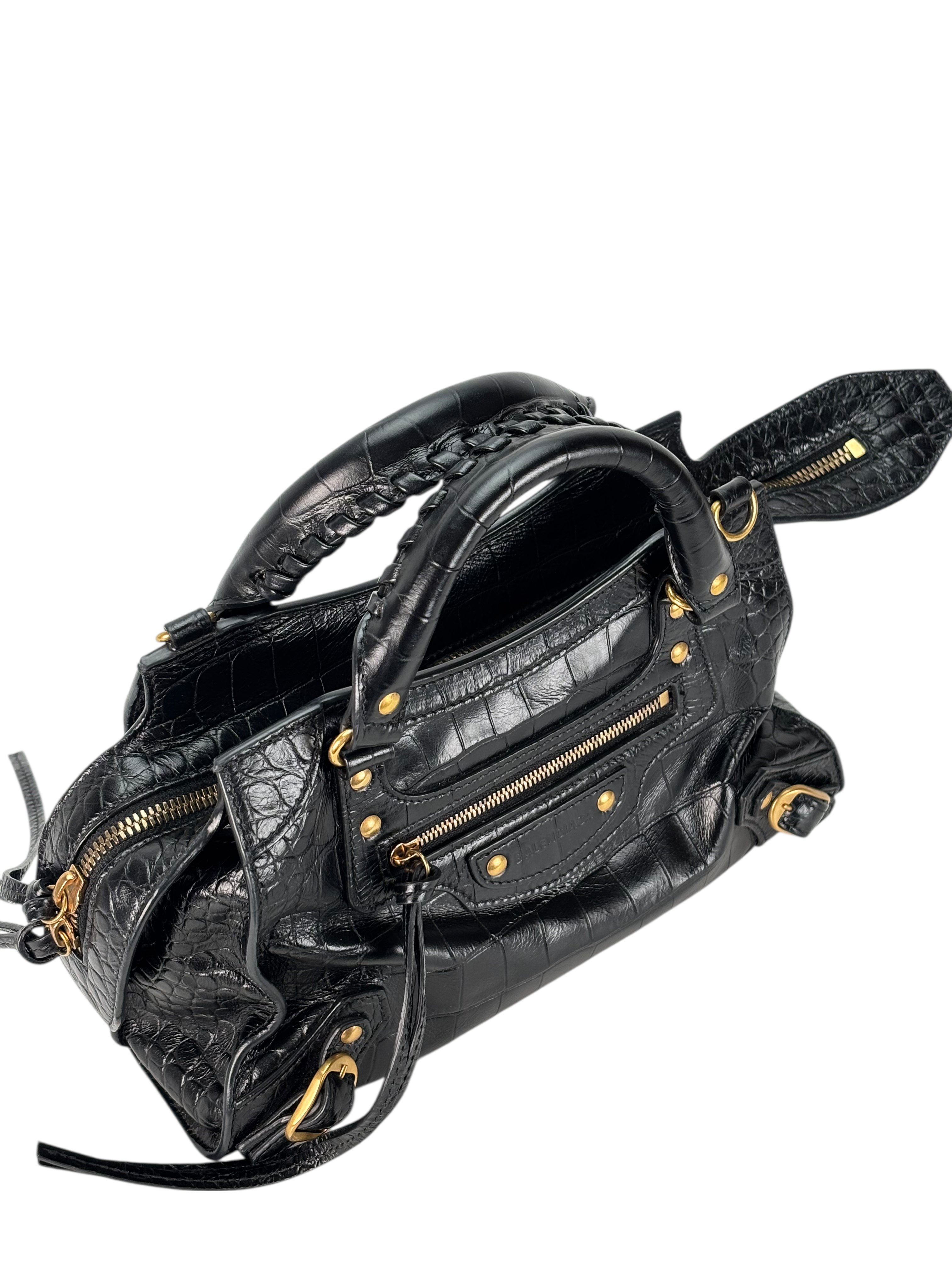 BALENCIAGA - Black Calfskin Embossed Leather Neo Classic Handbag 