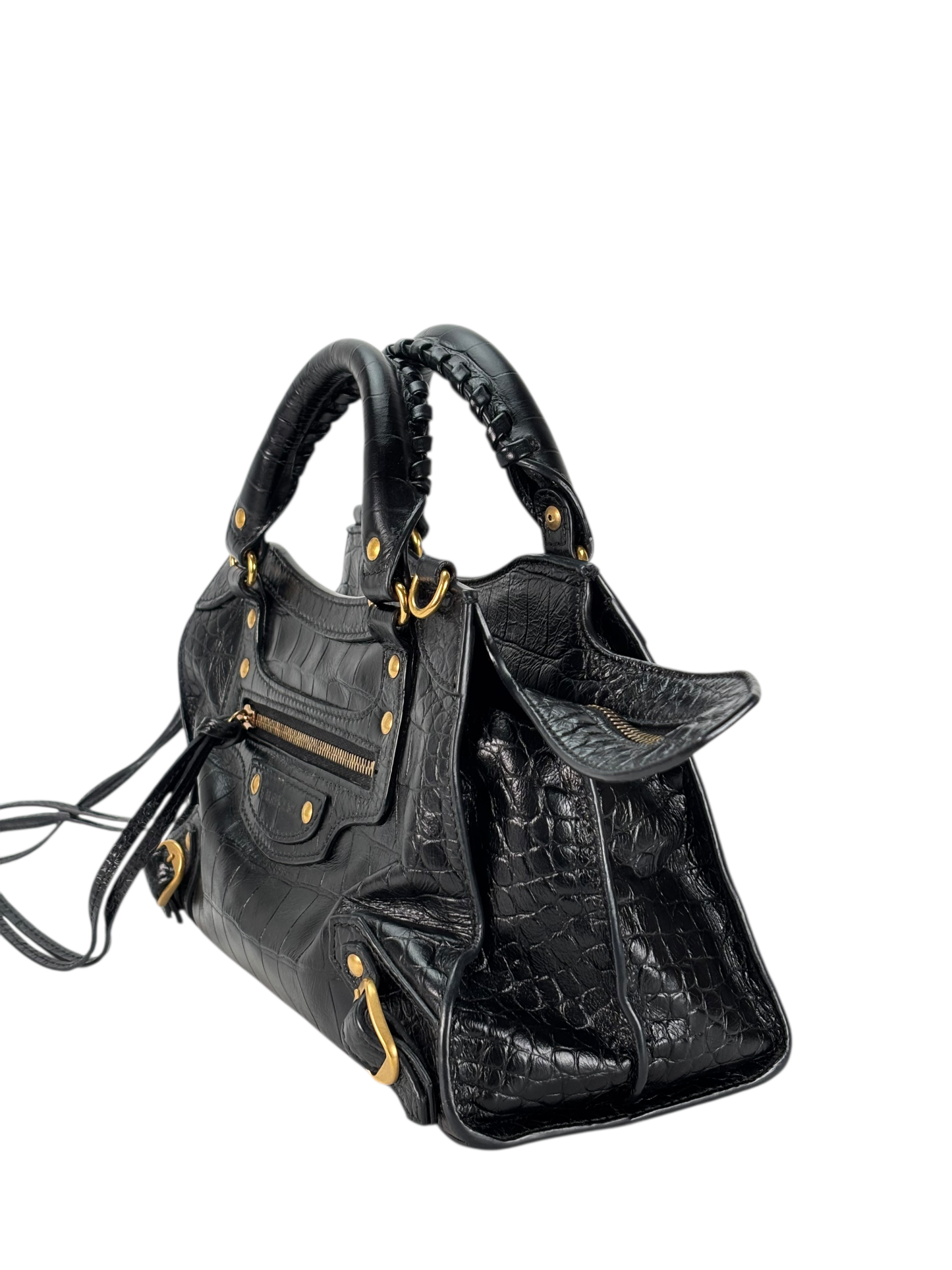 BALENCIAGA - Black Calfskin Embossed Leather Neo Classic Handbag 