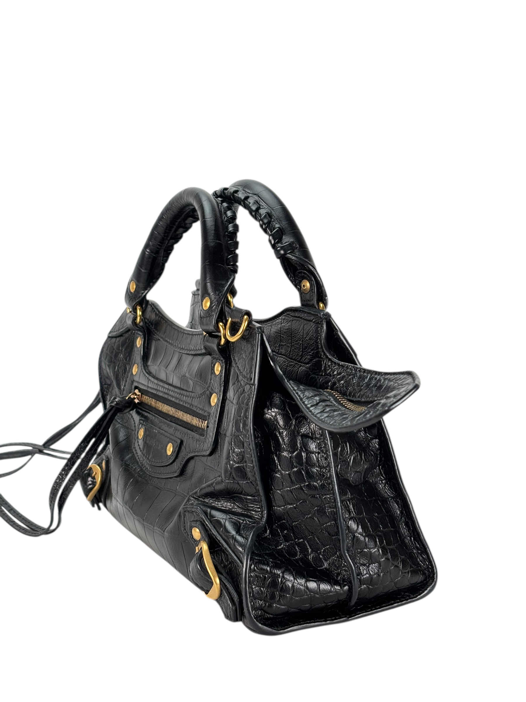 BALENCIAGA - Black Calfskin Embossed Leather Neo Classic Handbag 