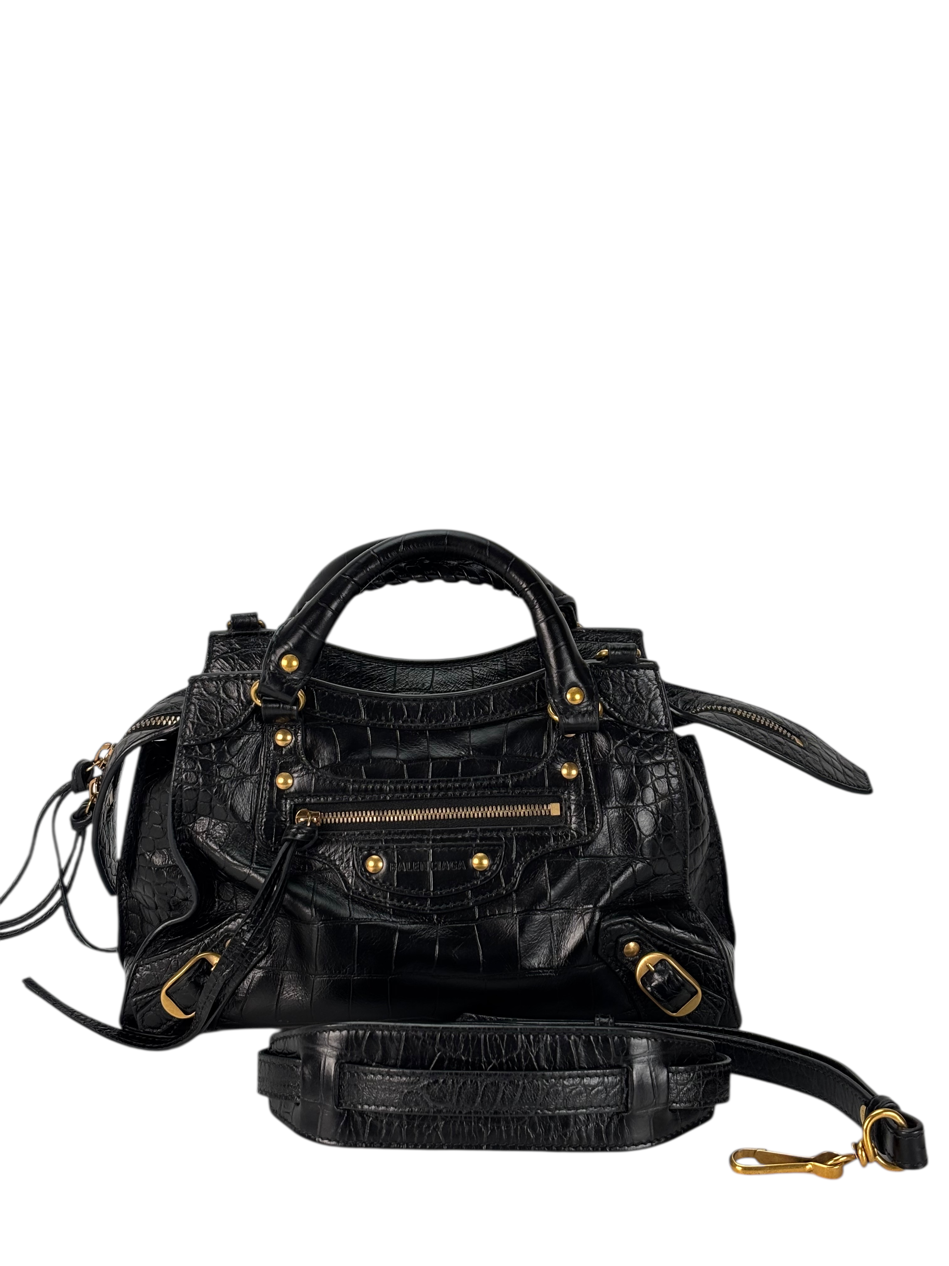 BALENCIAGA - Black Calfskin Embossed Leather Neo Classic Handbag 
