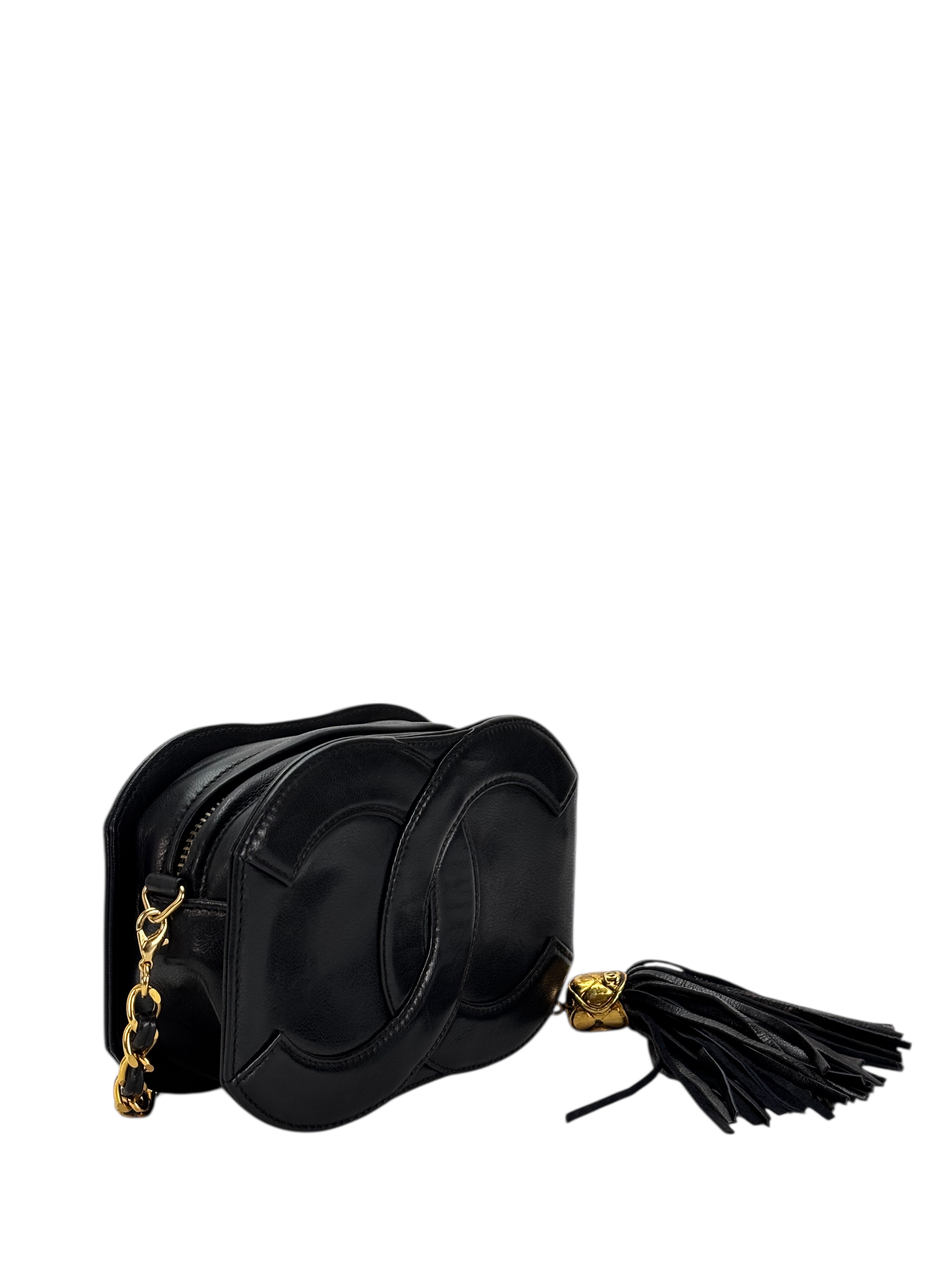 CHANEL - Black Lambskin Coco Mark Fringed Chain Shoulder Bag 