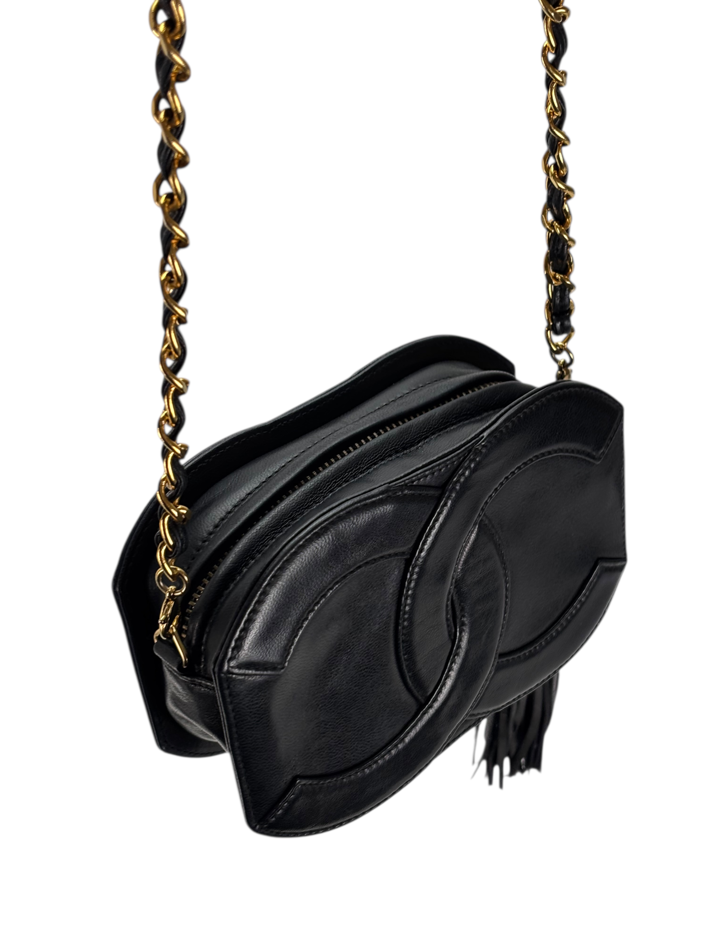 CHANEL - Black Lambskin Coco Mark Fringed Chain Shoulder Bag 