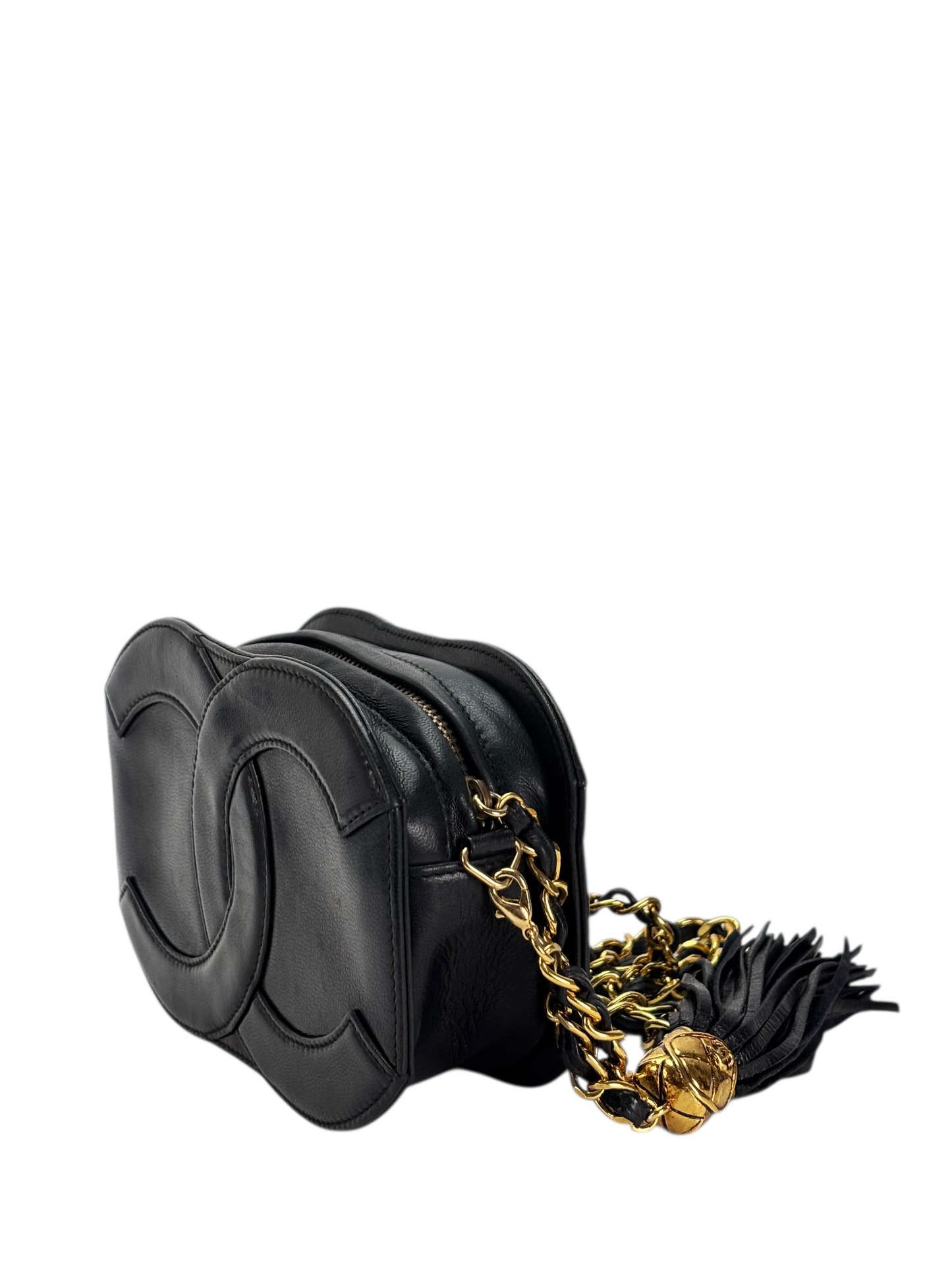 CHANEL - Black Lambskin Coco Mark Fringed Chain Shoulder Bag 
