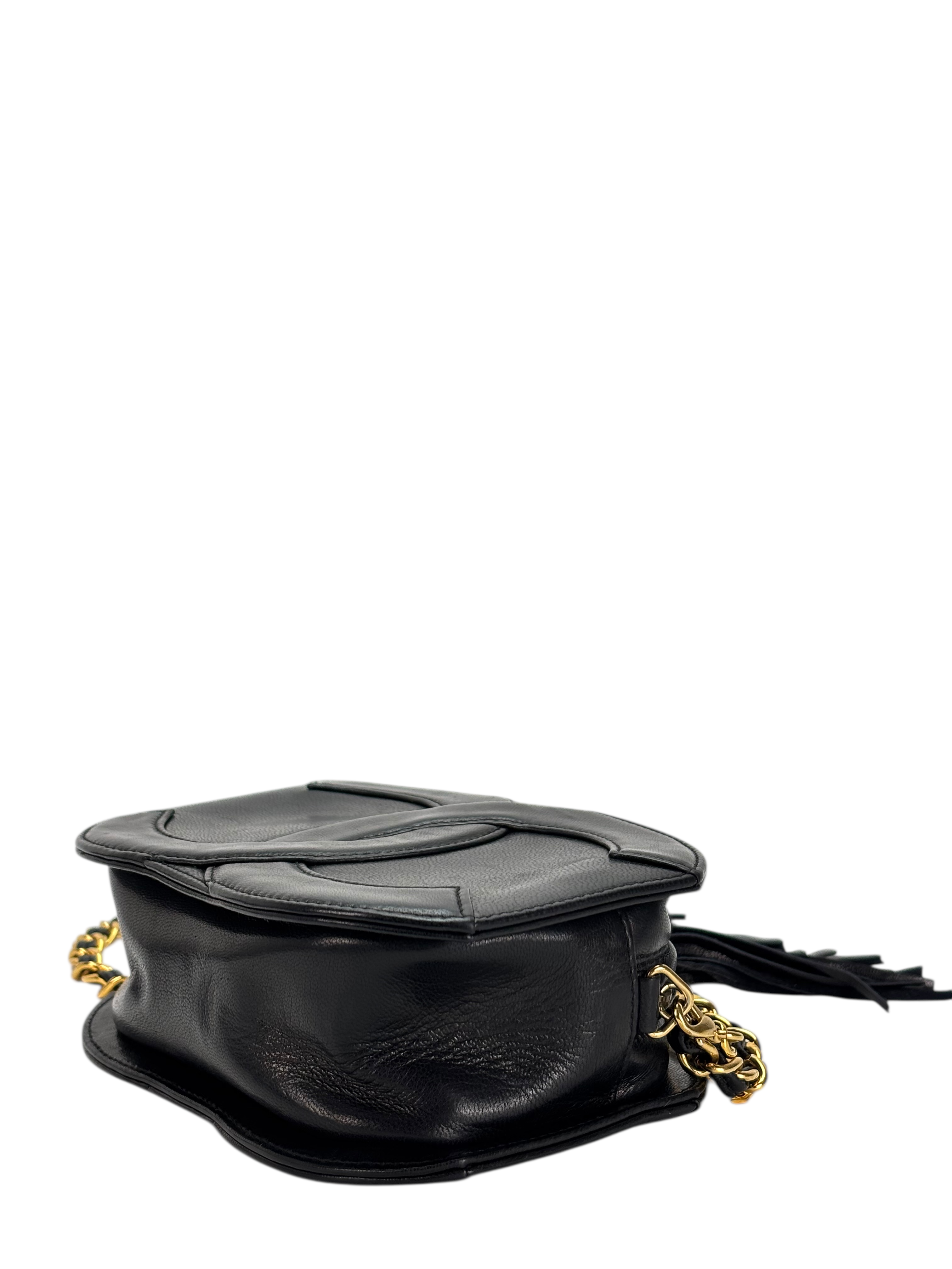 CHANEL - Black Lambskin Coco Mark Fringed Chain Shoulder Bag 
