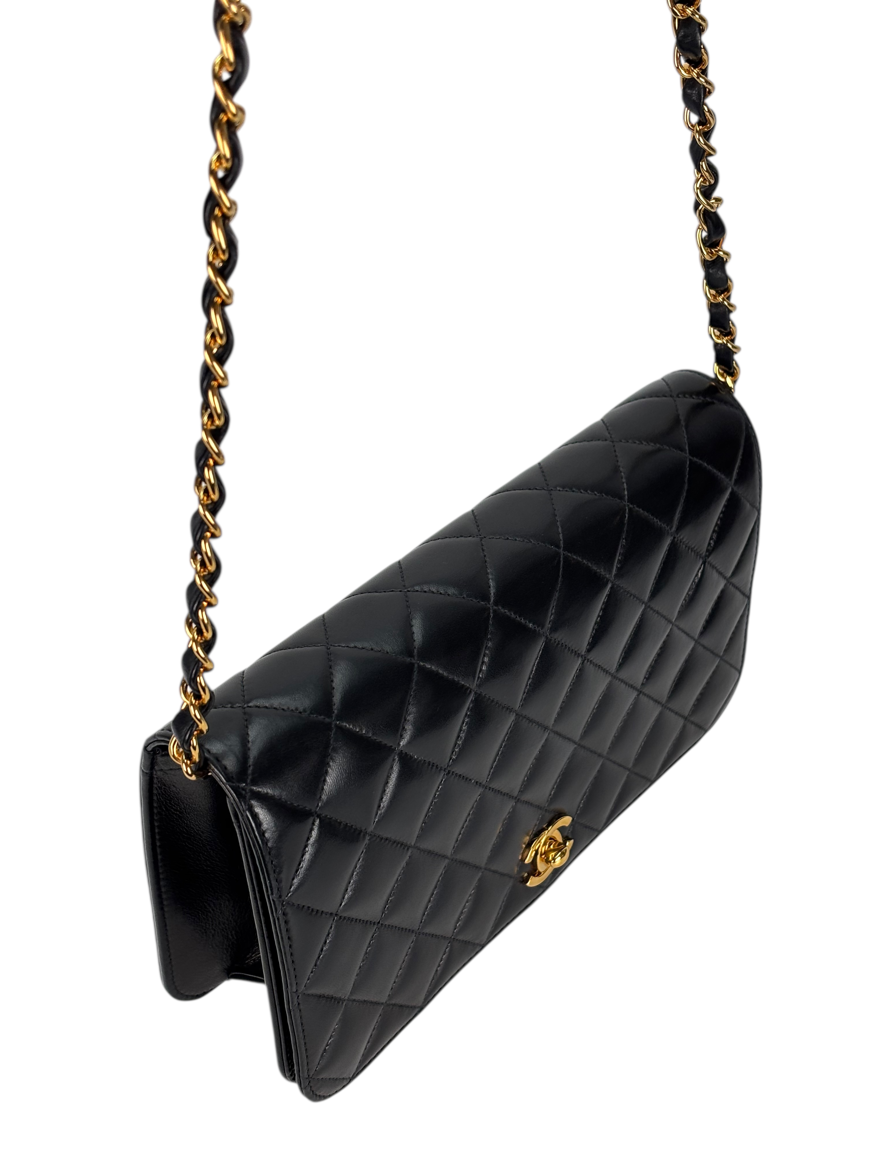 CHANEL - Black Lambskin Turn Lock Full flap Chain Shoulder Bag