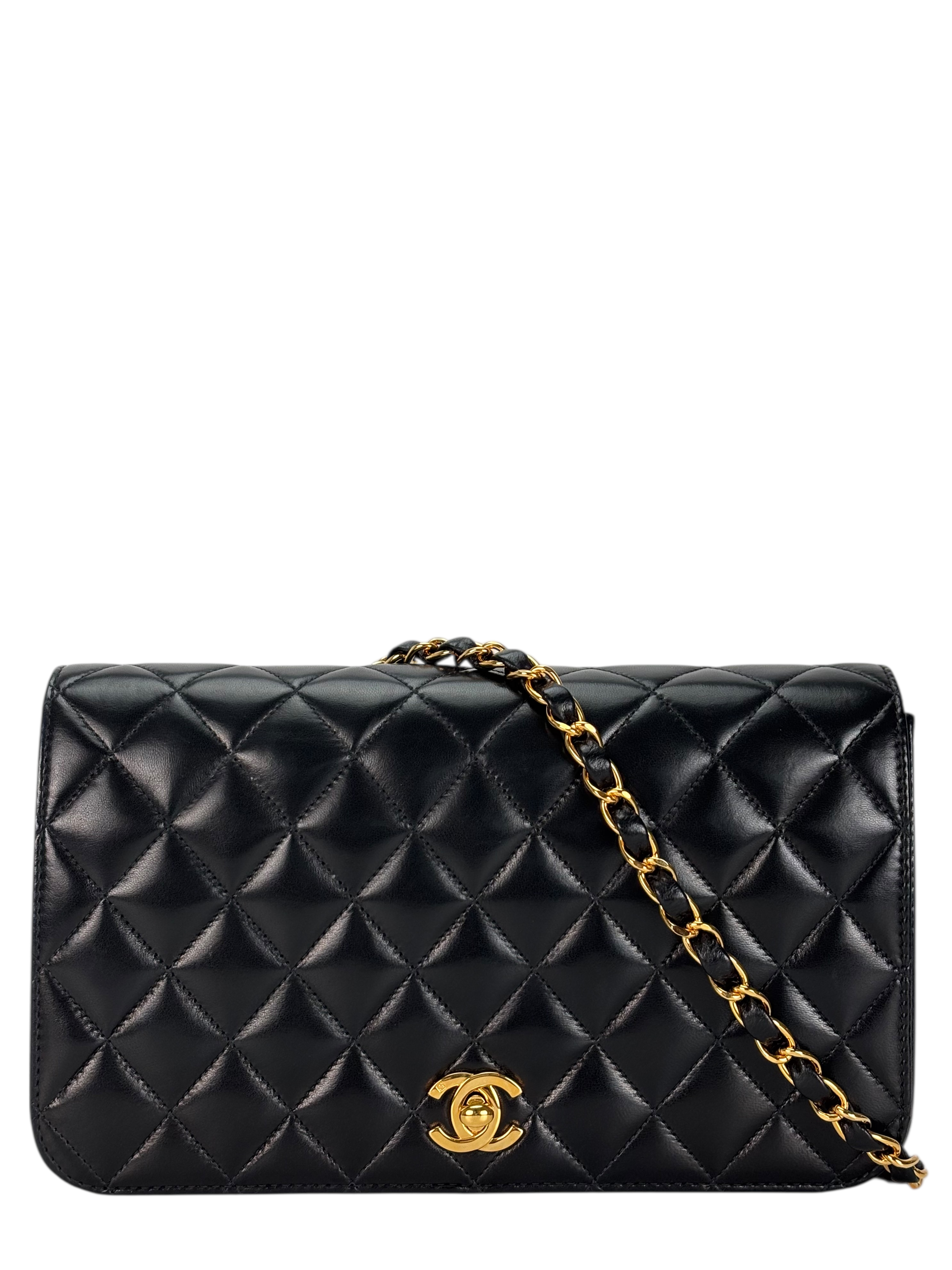 CHANEL - Black Lambskin Turn Lock Full flap Chain Shoulder Bag