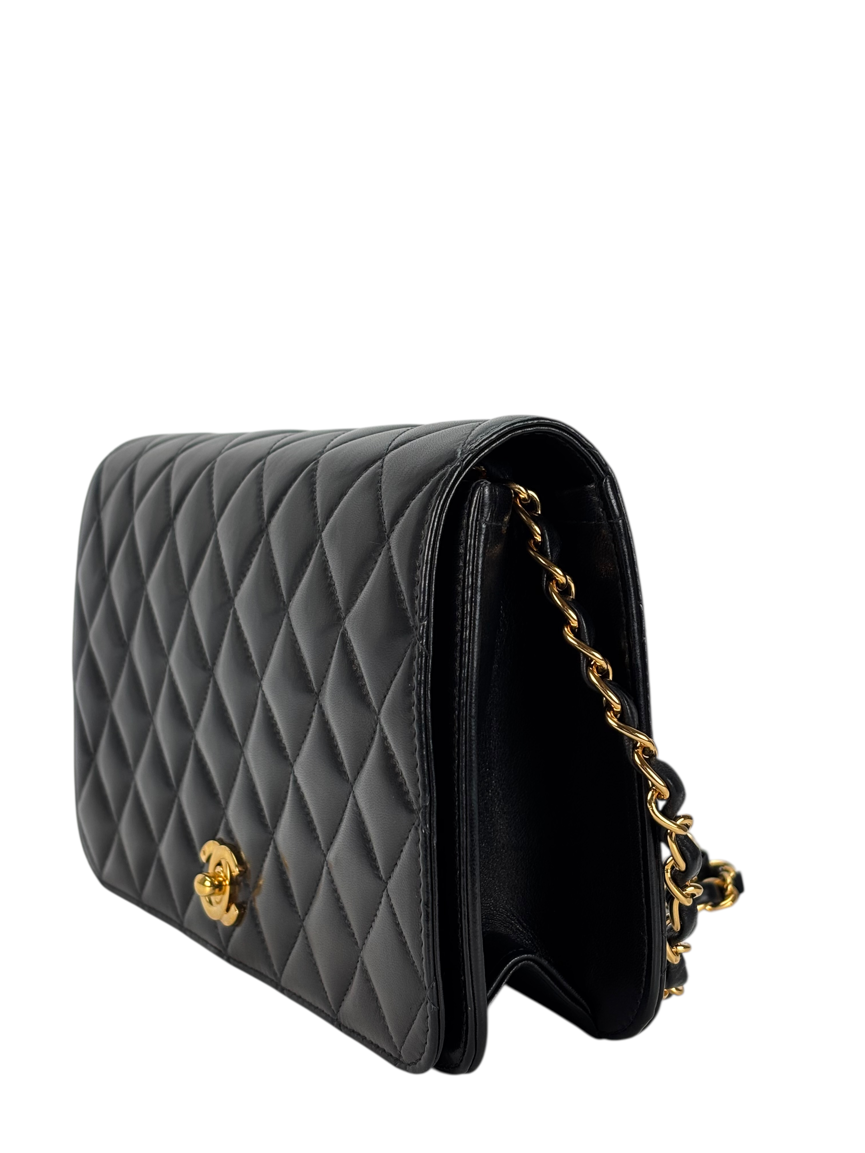 CHANEL - Black Lambskin Turn Lock Full flap Chain Shoulder Bag