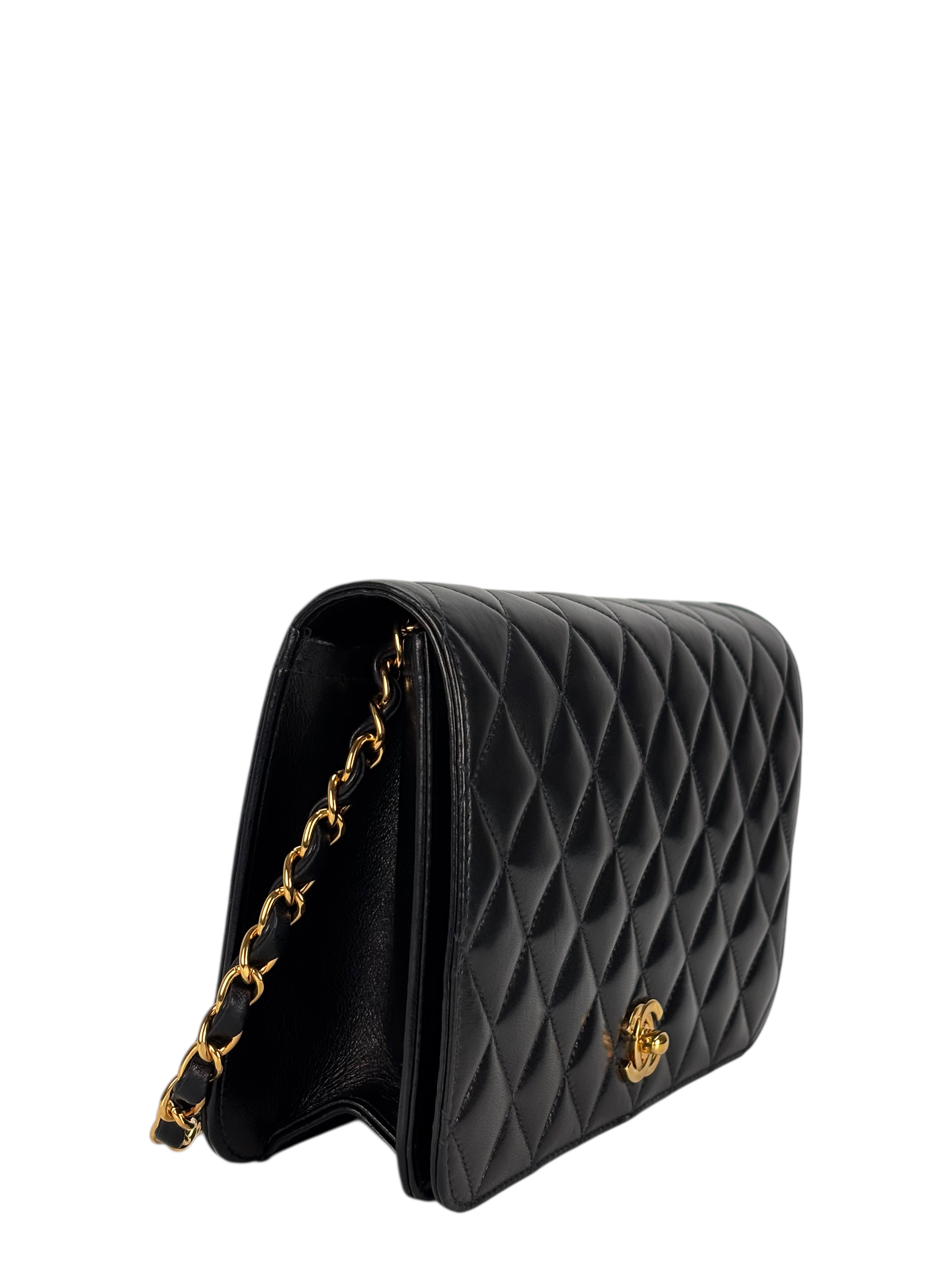 CHANEL - Black Lambskin Turn Lock Full flap Chain Shoulder Bag