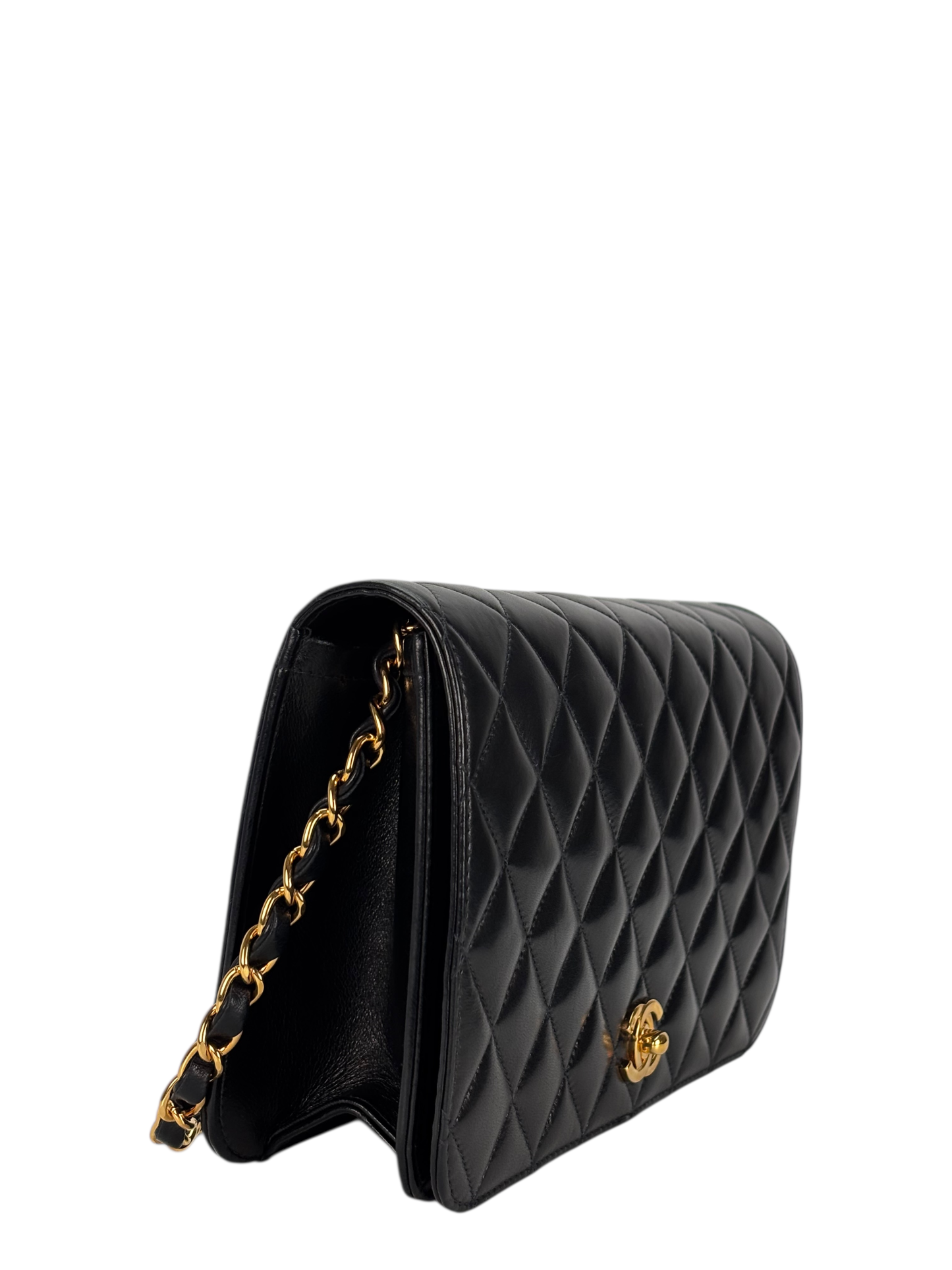 CHANEL - Black Lambskin Turn Lock Full flap Chain Shoulder Bag