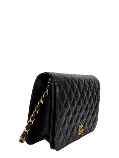 CHANEL - Black Lambskin Turn Lock Full flap Chain Shoulder Bag