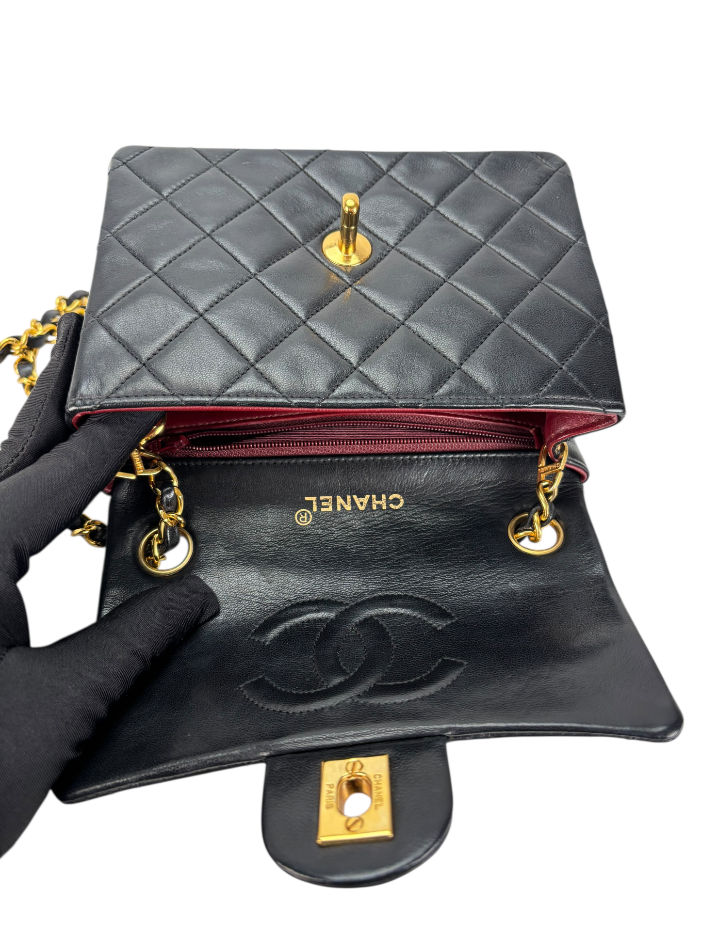 CHANEL - Black Lambskin Mini Classic Square Flap Shoulder Bag 17