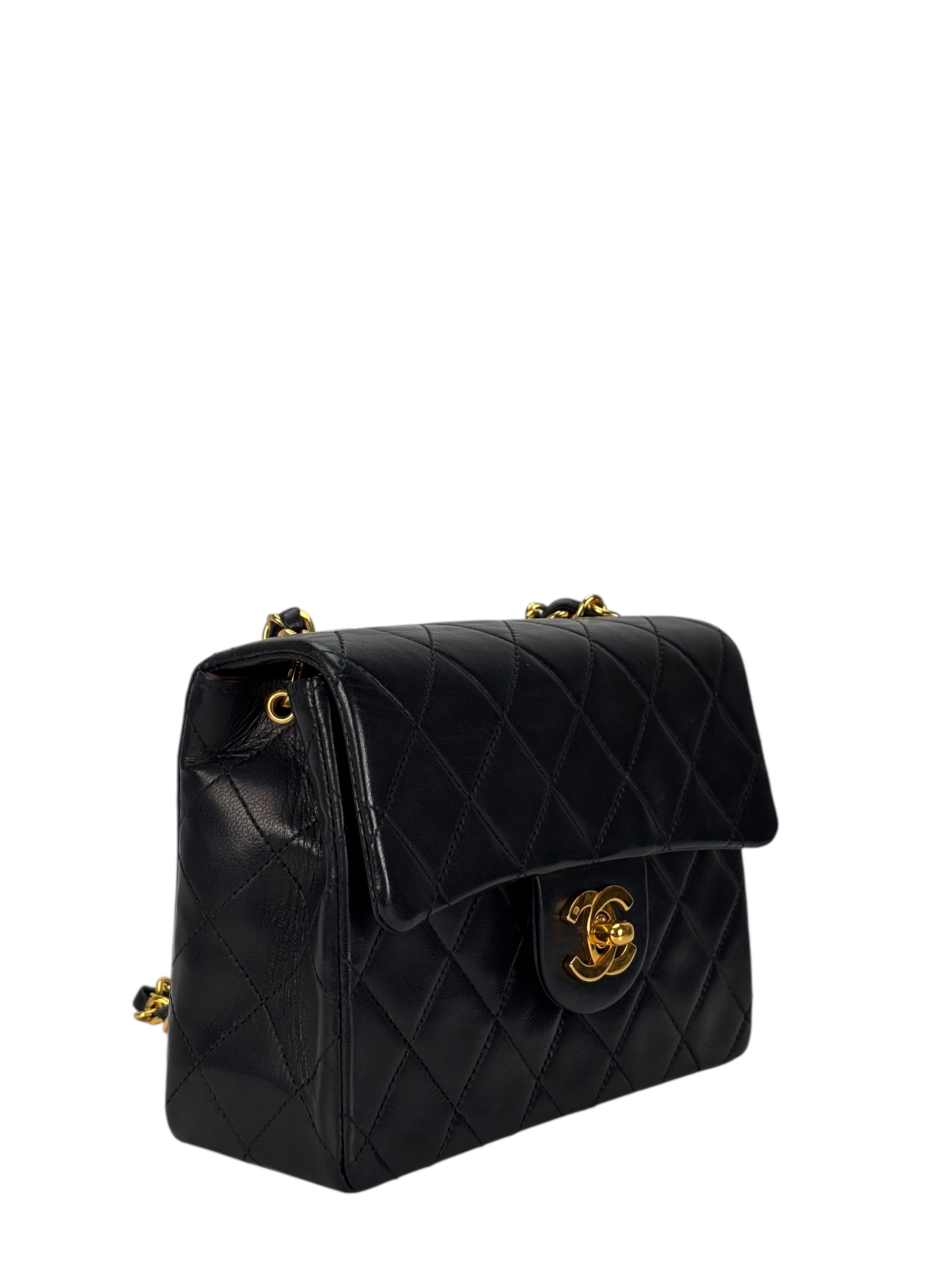 CHANEL - Black Lambskin Mini Classic Square Flap Shoulder Bag 17