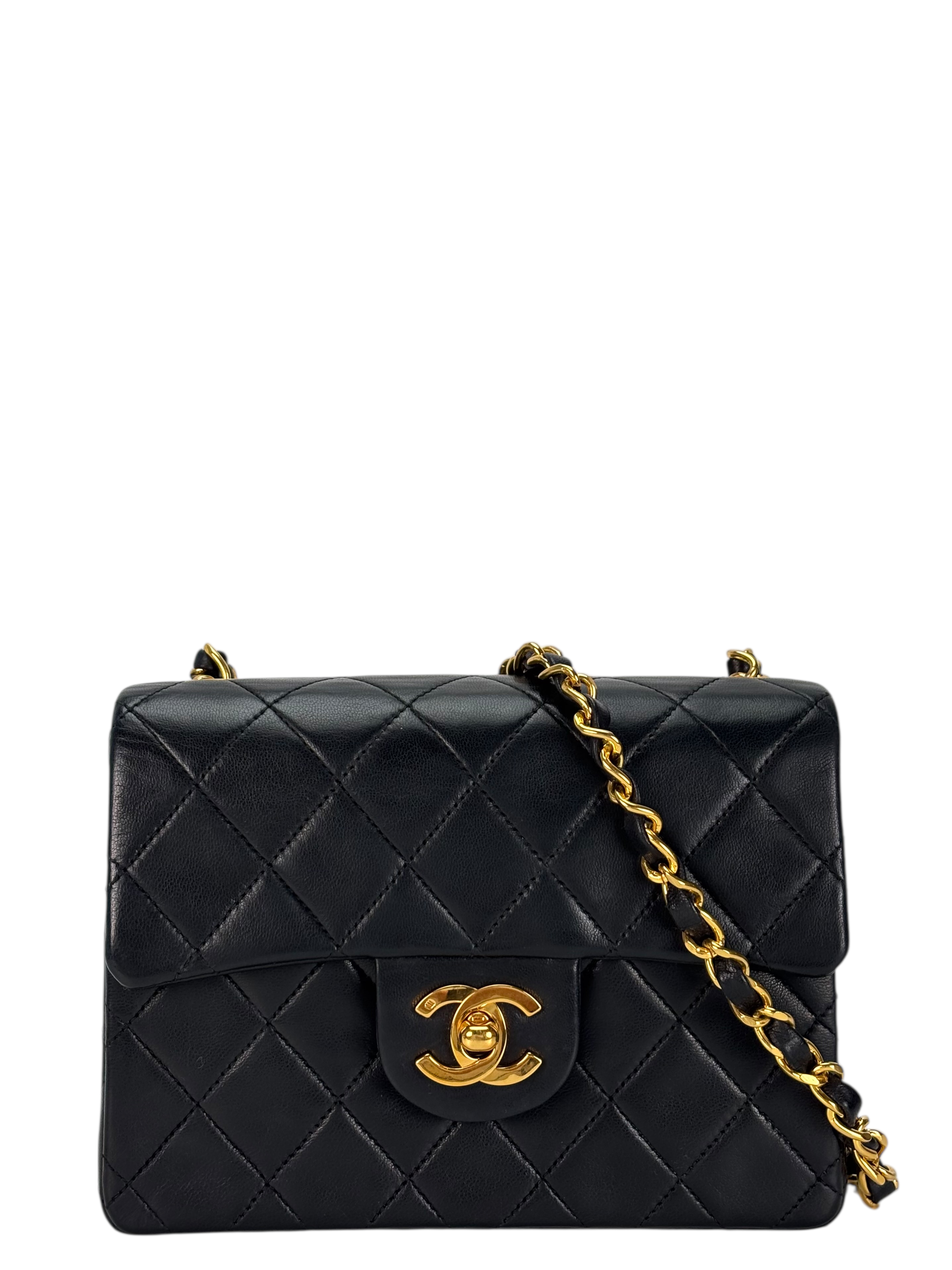 CHANEL - Black Lambskin Mini Classic Square Flap Shoulder Bag 17