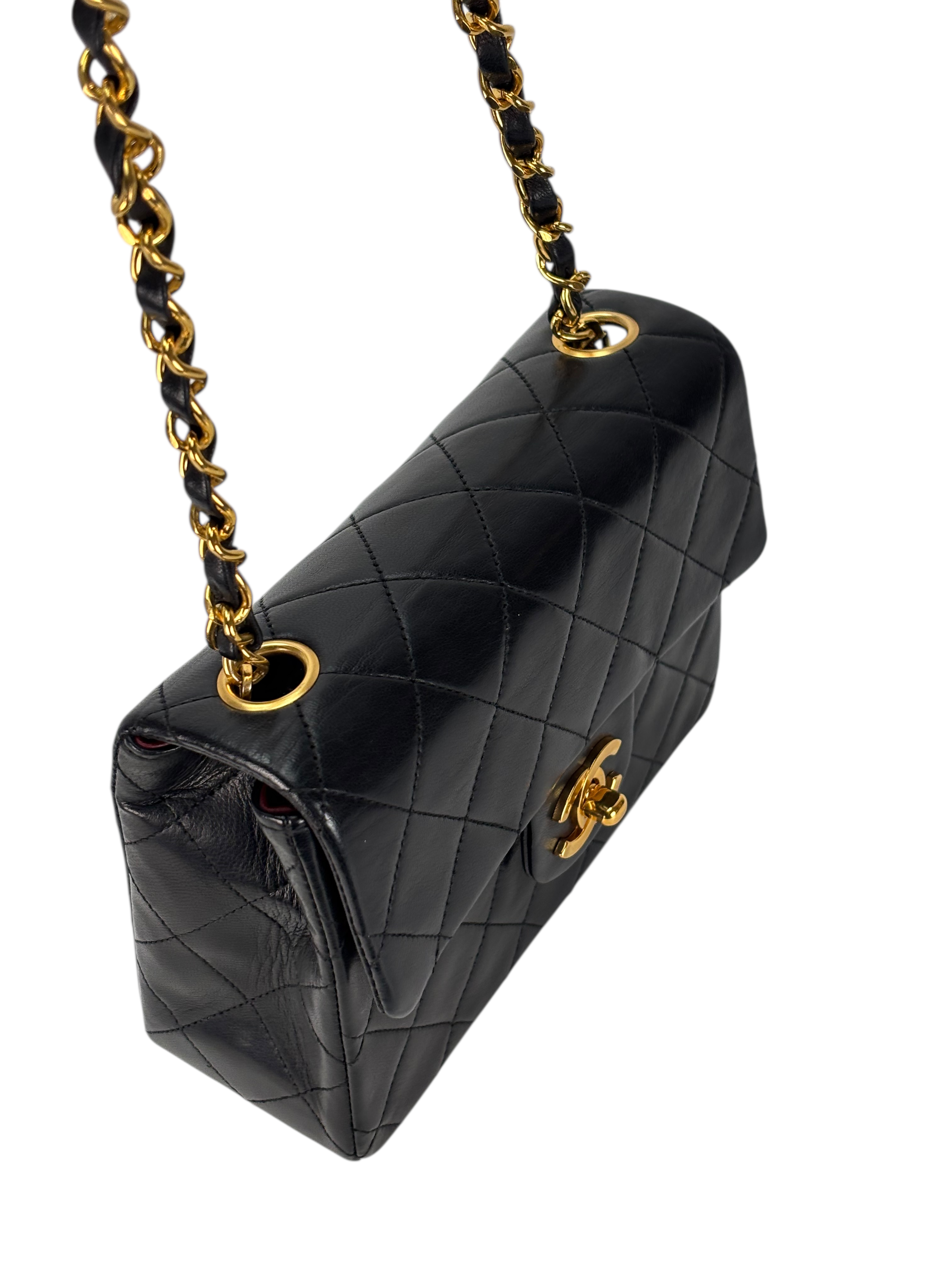 CHANEL - Black Lambskin Mini Classic Square Flap Shoulder Bag 17