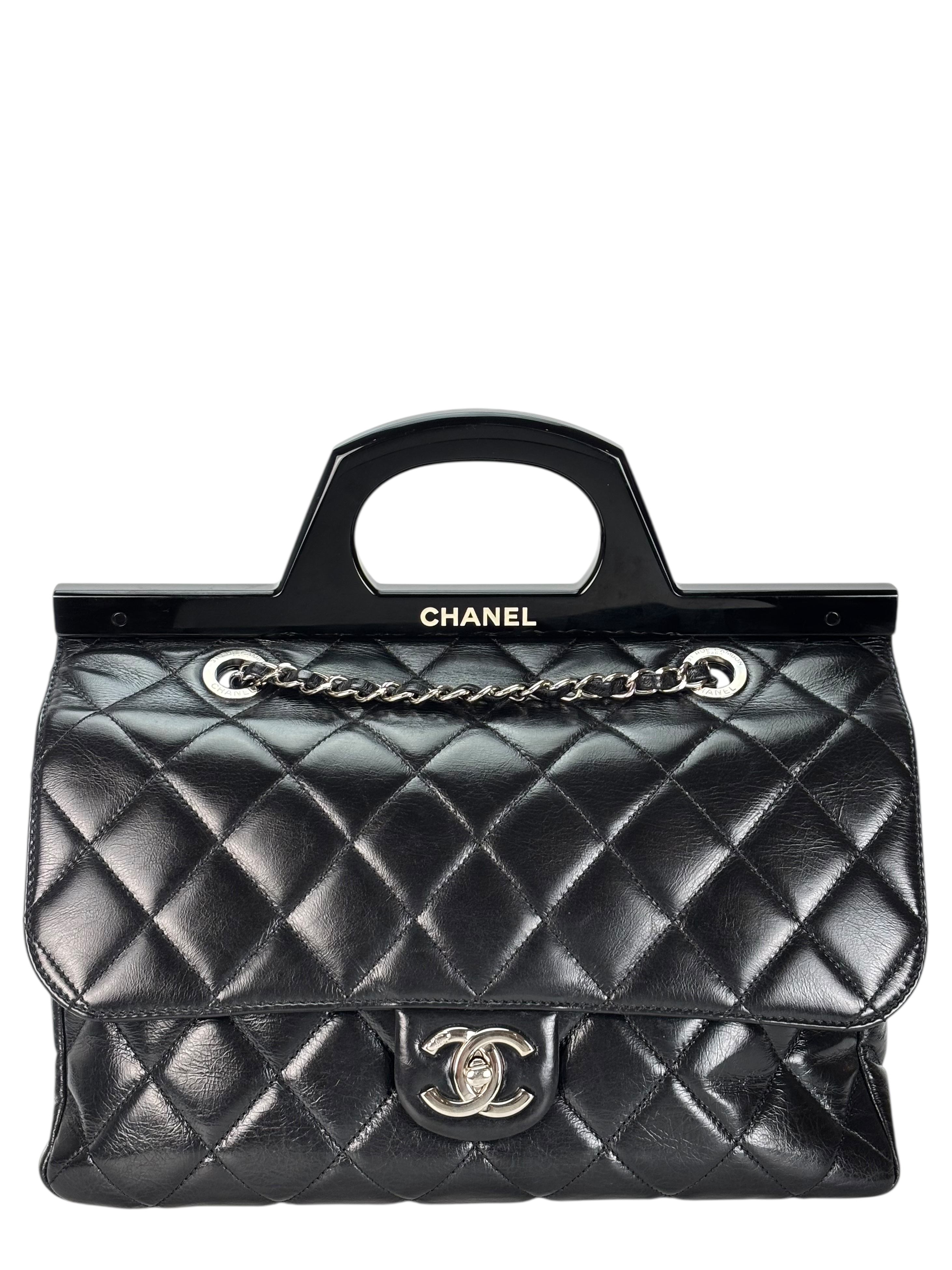 CHANEL - Black Oiled Leather Calfskin Quilted Small CC Tote Bag