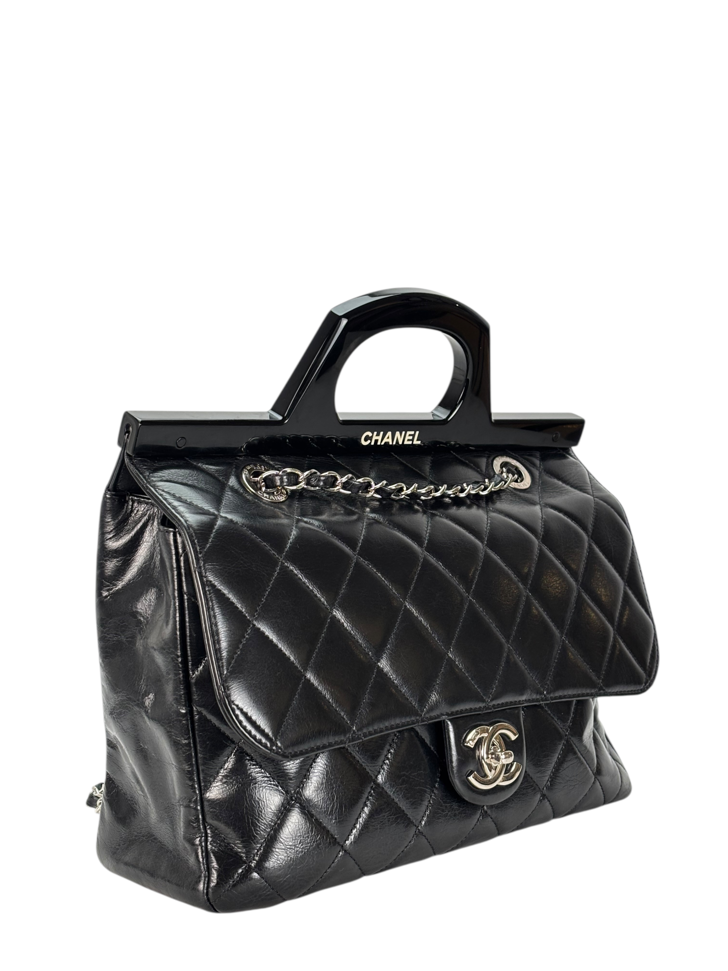 CHANEL - Black Oiled Leather Calfskin Quilted Small CC Tote Bag