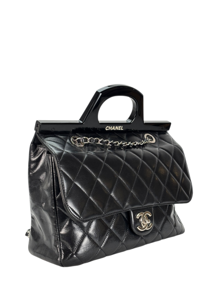 CHANEL - Black Oiled Leather Calfskin Quilted Small CC Tote Bag
