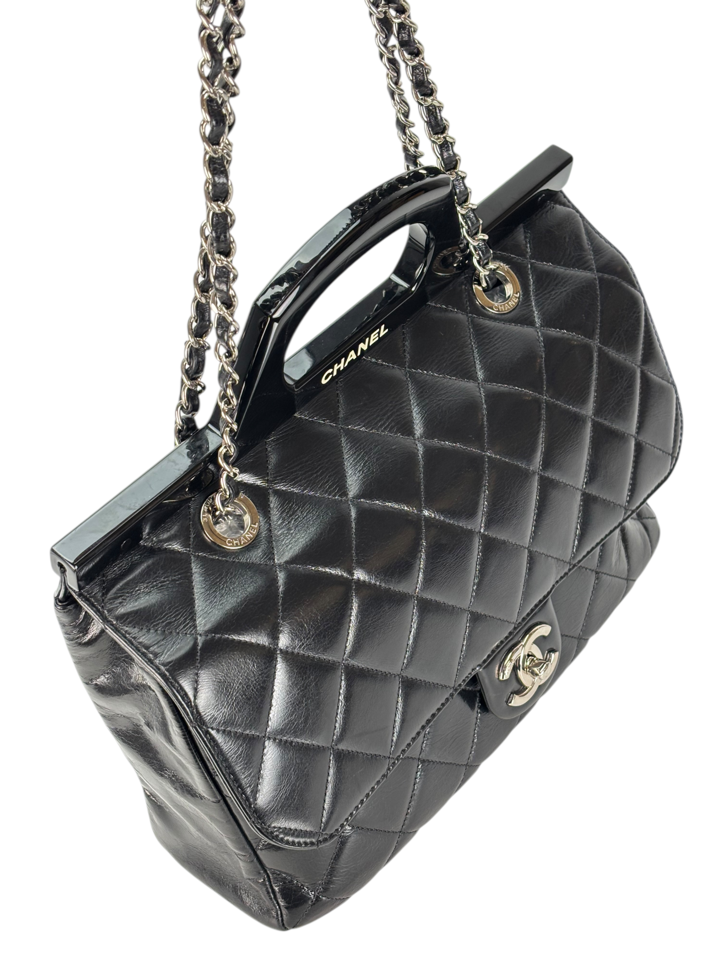 CHANEL - Black Oiled Leather Calfskin Quilted Small CC Tote Bag