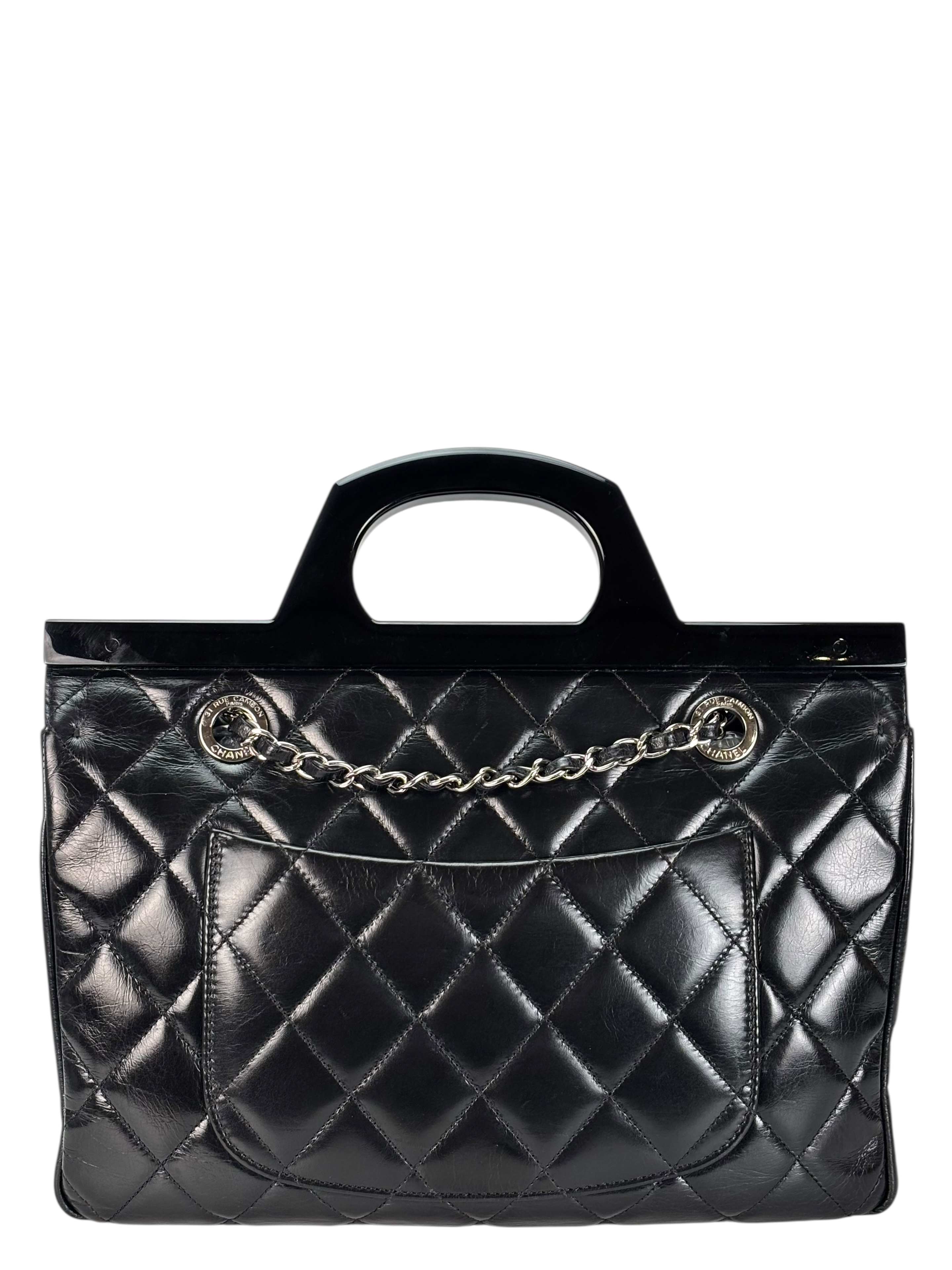 CHANEL - Black Oiled Leather Calfskin Quilted Small CC Tote Bag