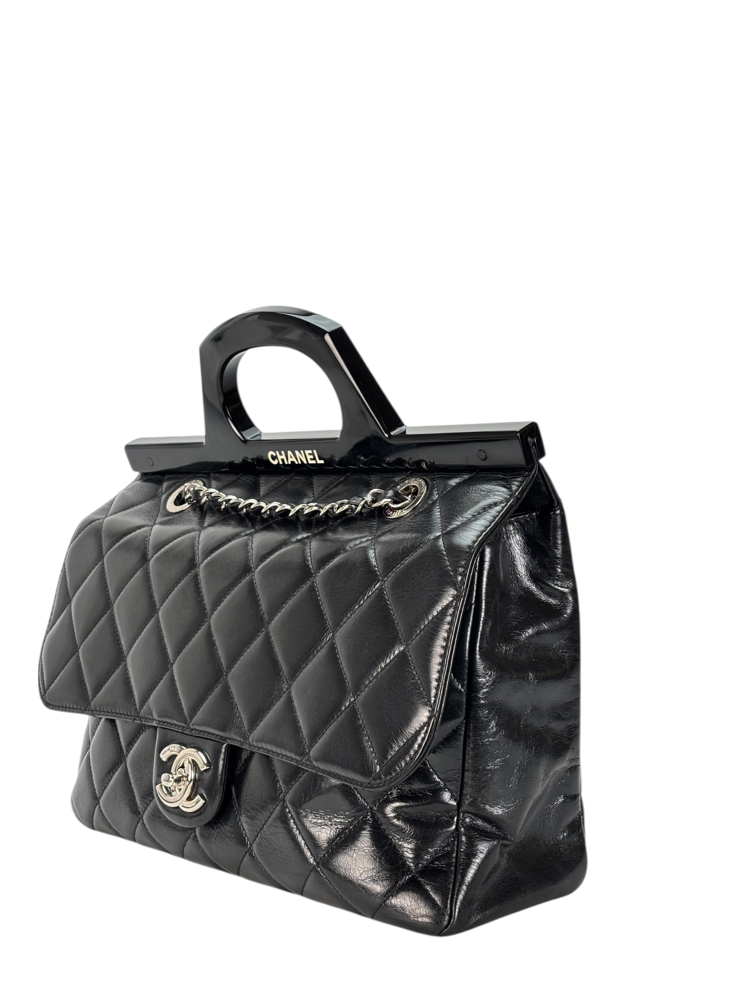 CHANEL - Black Oiled Leather Calfskin Quilted Small CC Tote Bag